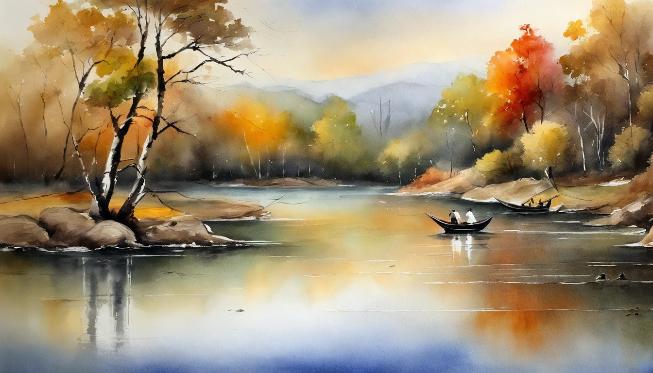 Landscape painting,ink and watercolor painting,water ink,ink,Smudge,Faraway view,Ultra-wide viewing angle,Meticulous,Light boat in the distance,Faraway view,Meticulous,the trees,Smudge,low-saturation,Low contrast,The light boat has crossed the Ten Thousand Heavy Mountains,Beautifully depicted,A detailed,acurate,Works of masters,tmasterpiece