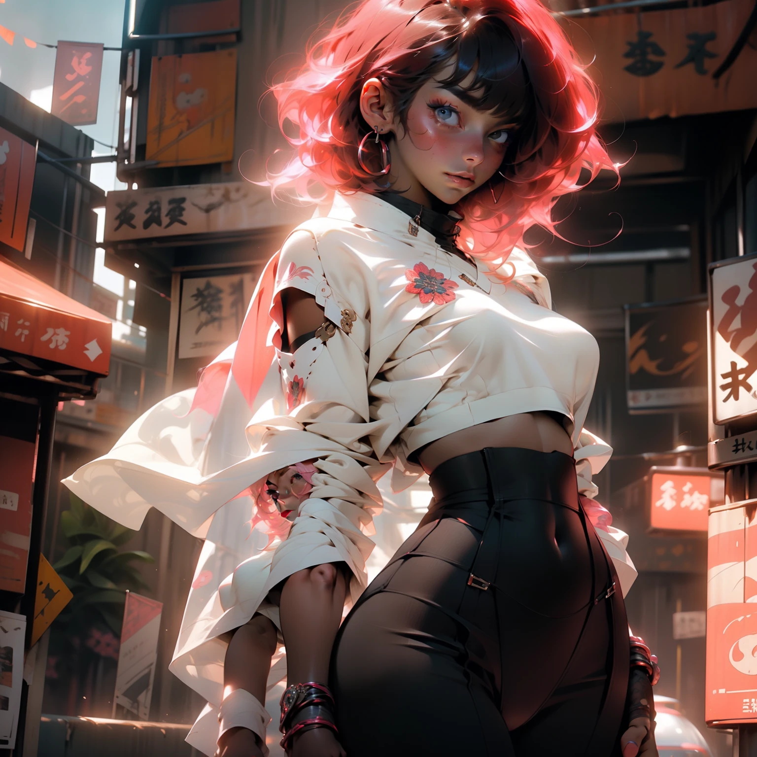 masterpiece, 4k, detalied, beautiful, large breasts, wide hips, thick thighs, long pink hair, blushing, thick makeup, pretty, short hair, earrings, jewelry, bracelet, (((PINK HAIR, [PERFECT REALISTIC EYES]))), ultra realistic 8k CG, perfect face, flawless, clean, masterpiece, professional artwork, famous art, cinematic lighting, perfect face, beautiful face, beautiful eyes, (((perfect female body, narrow waist))), real, intricate detail, delicate pattern, sexy, charming, seductive, seductive, erotic, charming, hair ornament, earrings, bracelet, armband, looking at the viewer, kimono, flowery kimono, red and black kimono, flowing hair, wind swept hair, long bangs, bangs, cute,slutty,sensual,seductive look,seductive,((erotic)),opulent,sumptuous,longingly,(((nsfw))), (bent over :1.3) , ass, NSFW , ((string, thong,)):1.3 , rear view , looking at viewer , pressenting, exposed , bent over, sexy pose, alluring
