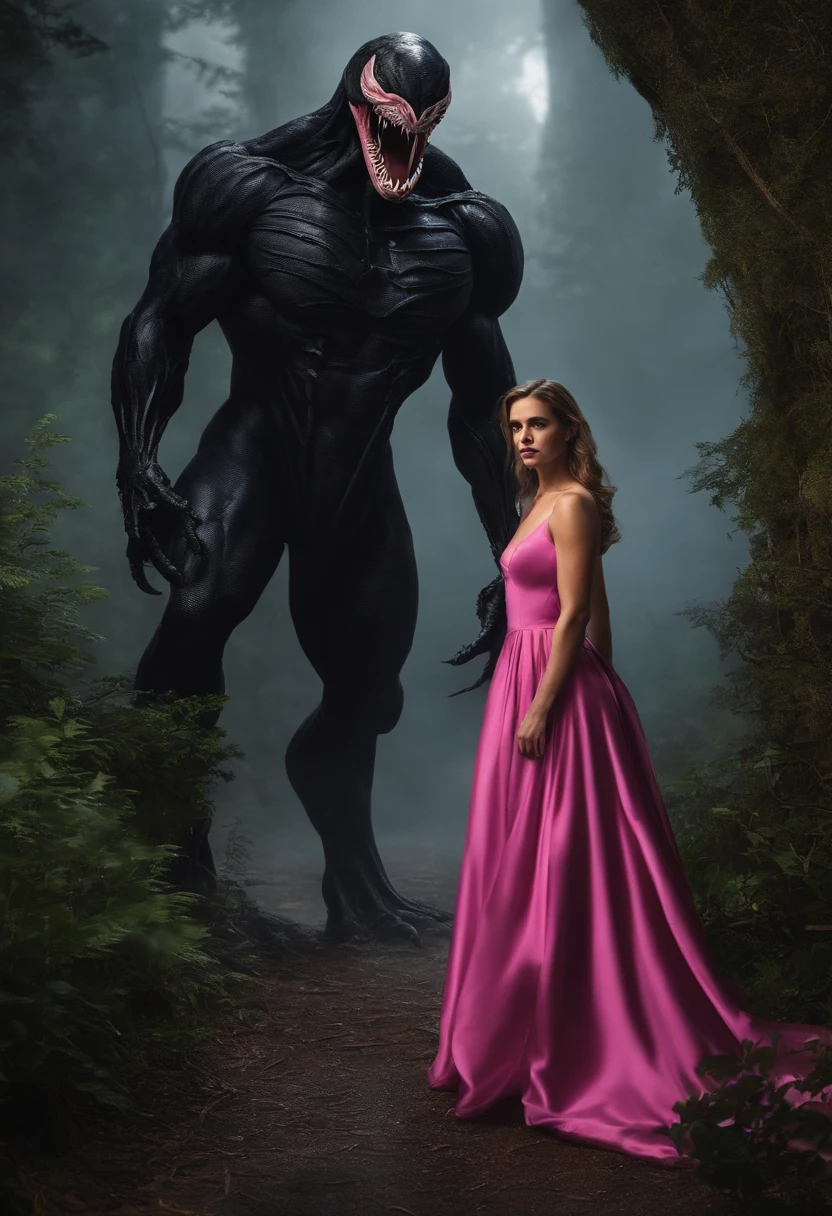 a woman in a pink dress standing next to a monster, venomized, venom fangs, symbiote, giga chad, emma watson as giant man, female superhero proportions, accurate fictional proportions, size difference, venomfang, venom symbiote, giga chad capaybara, venom, incredibly strong and tall, venomize, my dress-up darling