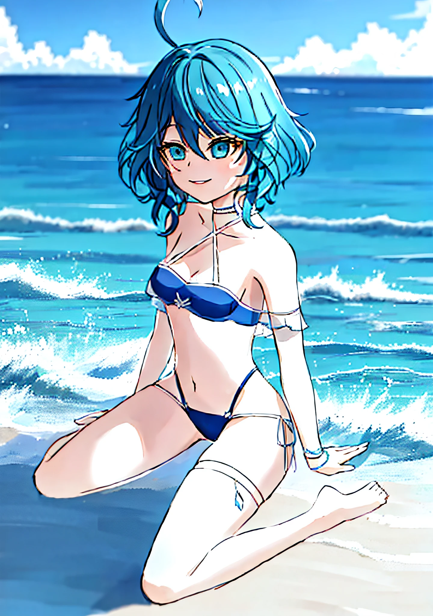 swim wears，Furina，blue hairs，Rich background，the sea，sandbeach