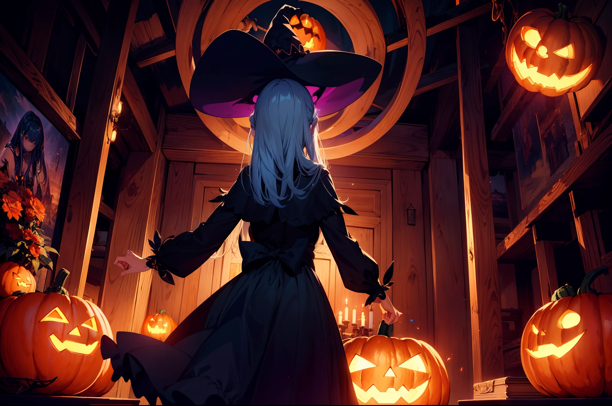 1 witch girl, standing in front of big jack o lantern, blue magic circle ,from behind, from below , looking jack o lantern , cinematic lighting ,high resolution,(incredibly absurdres),anime visual,extremely detailed CG unity 8k wallpaper, ((masterpiece)), ((top-quality)), (beautiful illustration), ((an extremely delicate and beautiful))