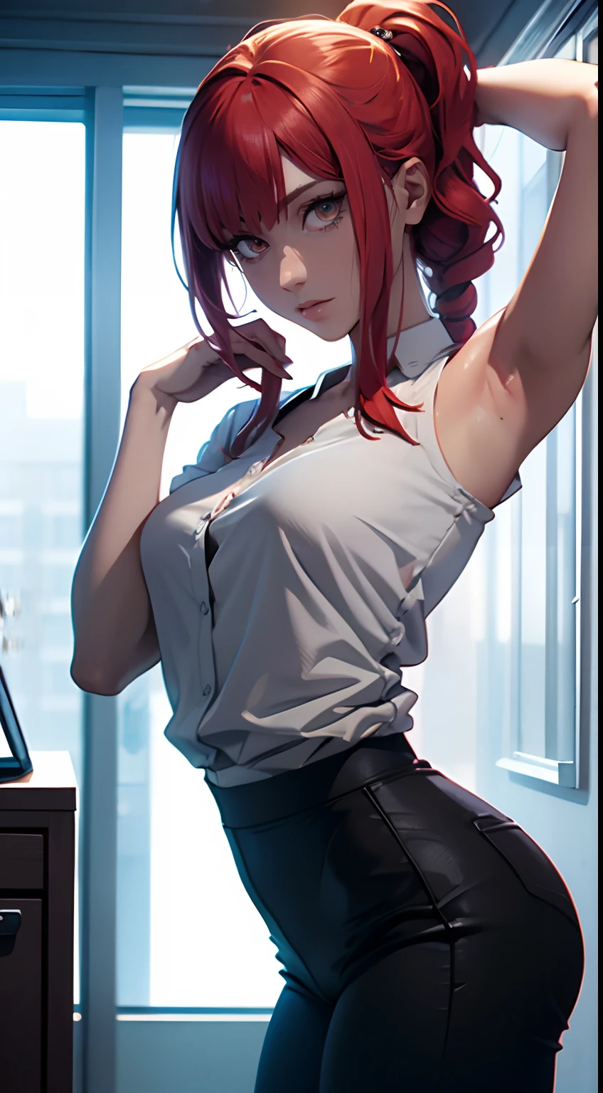 A girl, sexypose, Nudie, The character Makima from the anime series Chainsaw Man, fragile, makima, Beautiful figure, Skinny black pants, red hair, Orange Eyes, white shirt, sexypose, Realistic, Very detailed, handsome body, Detailed body, Detailed hands, Detailed, Vibrants, Detailed Face, Makima's character design. Very detailed, Detailed body, Detailed hands, Detailed Face, anime art, extremely detailed CG unity 8k wallpaper, detailed light, Cinematic lighting, chromatic aberration, glittering, expressionless, epic composition, dark in the background, Cherecter Desing, Very detailed, Detailed body, Vibrants, Detailed Face, sharp-focus, anime art, Vibrants, Detailed Face, Hugh Details, sharp-focus, Very drooping face, A detailed eye, super fine illustration, better shadow, finely detail, Beautiful detailed glow, Beautiful detailed, Extremely detailed, expressionless, epic composition, Presented at artstation, Octane Render, artstation hd, Cinematic, 4 thousand., hypermaximalist, elegant