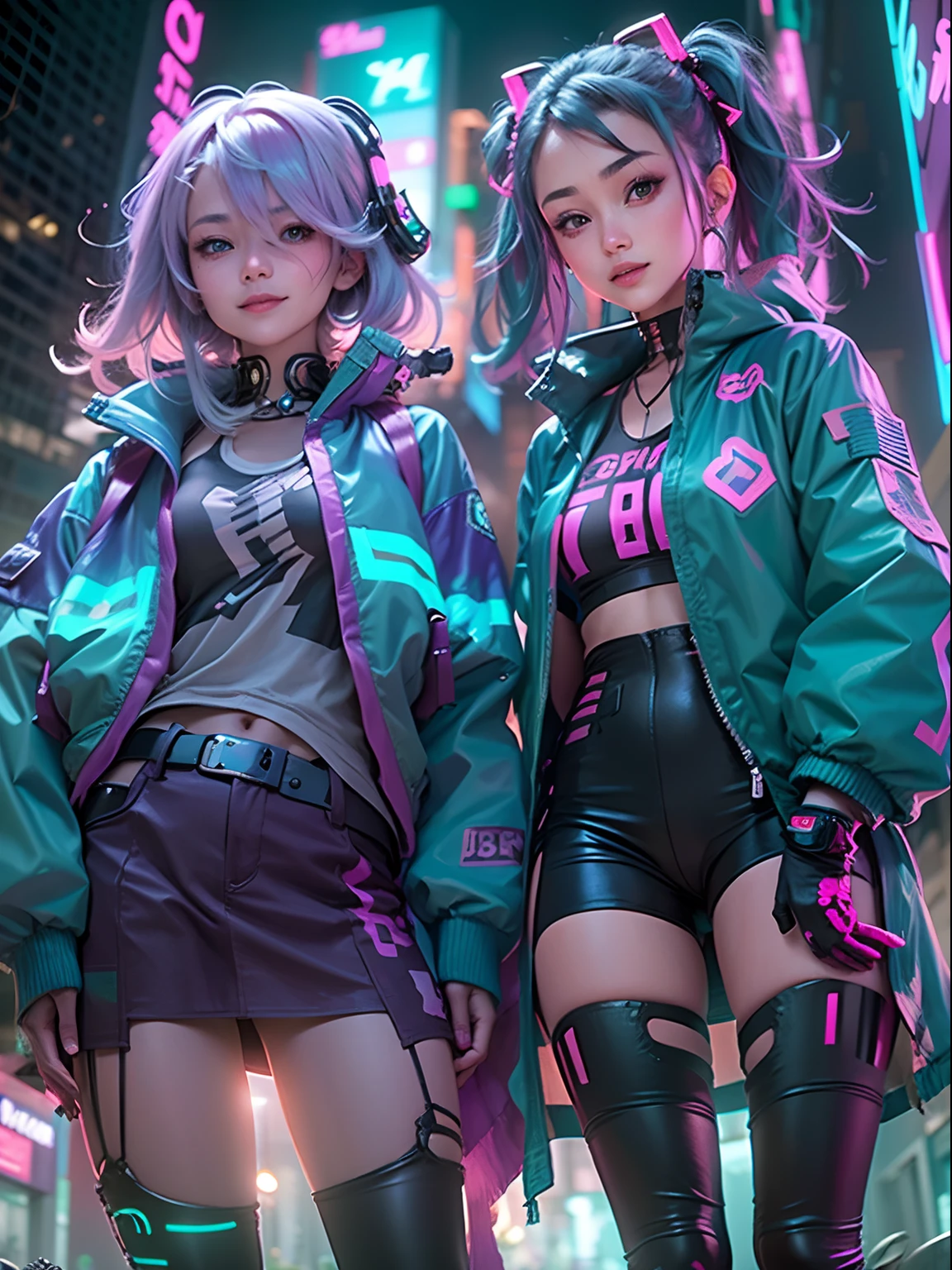 ((2 cyberpunk girls wearing Harajuku tech jackets, purple, cyan, pink.)), fisheye, selfie, cowboy shot, wind, messy hair, sunset, cyberpunk cityscape, (aesthetics and atmosphere:1.2),smiling