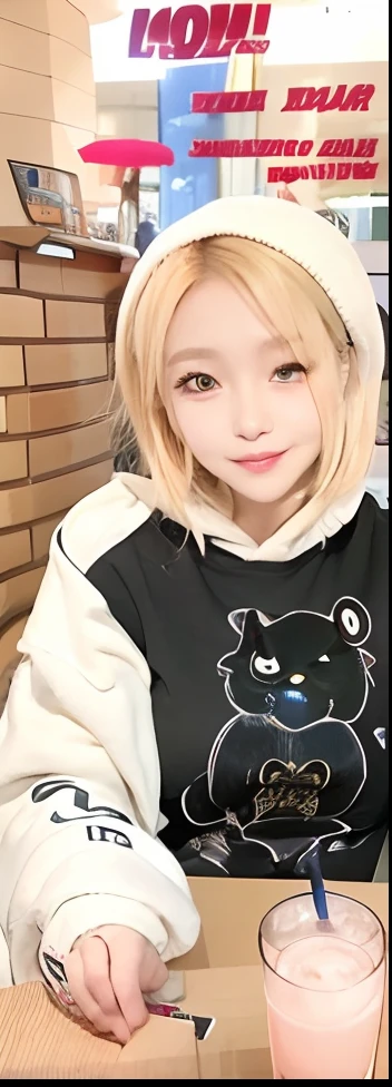 a close up of a person sitting at a table with a drink, [[[[grinning evily]]]], rena nounen style 3/4, in a black hoodie, in a hoodie, rin, sui ishida art manga, anime girl named lucy, in an anime style, anime visual of a cute girl, in anime style, cute anime style