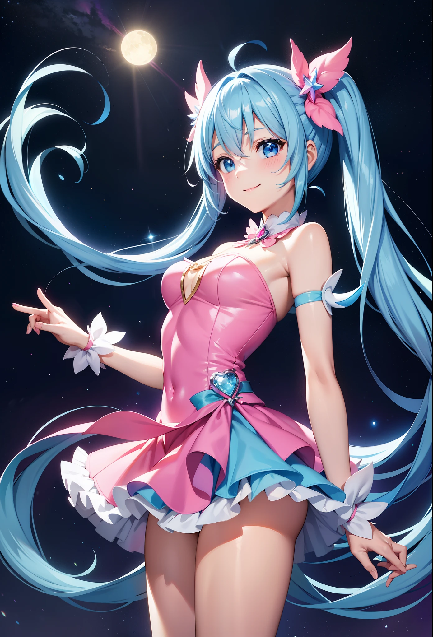 Super Idol a beauty girl A charming smile sky blue hair length hair Twin-tailed Bright white and pink and blue bright sexy leotard outfit Fantasia constellation a moon Crystal Brilliance Aurora Borealis in the Night Sky