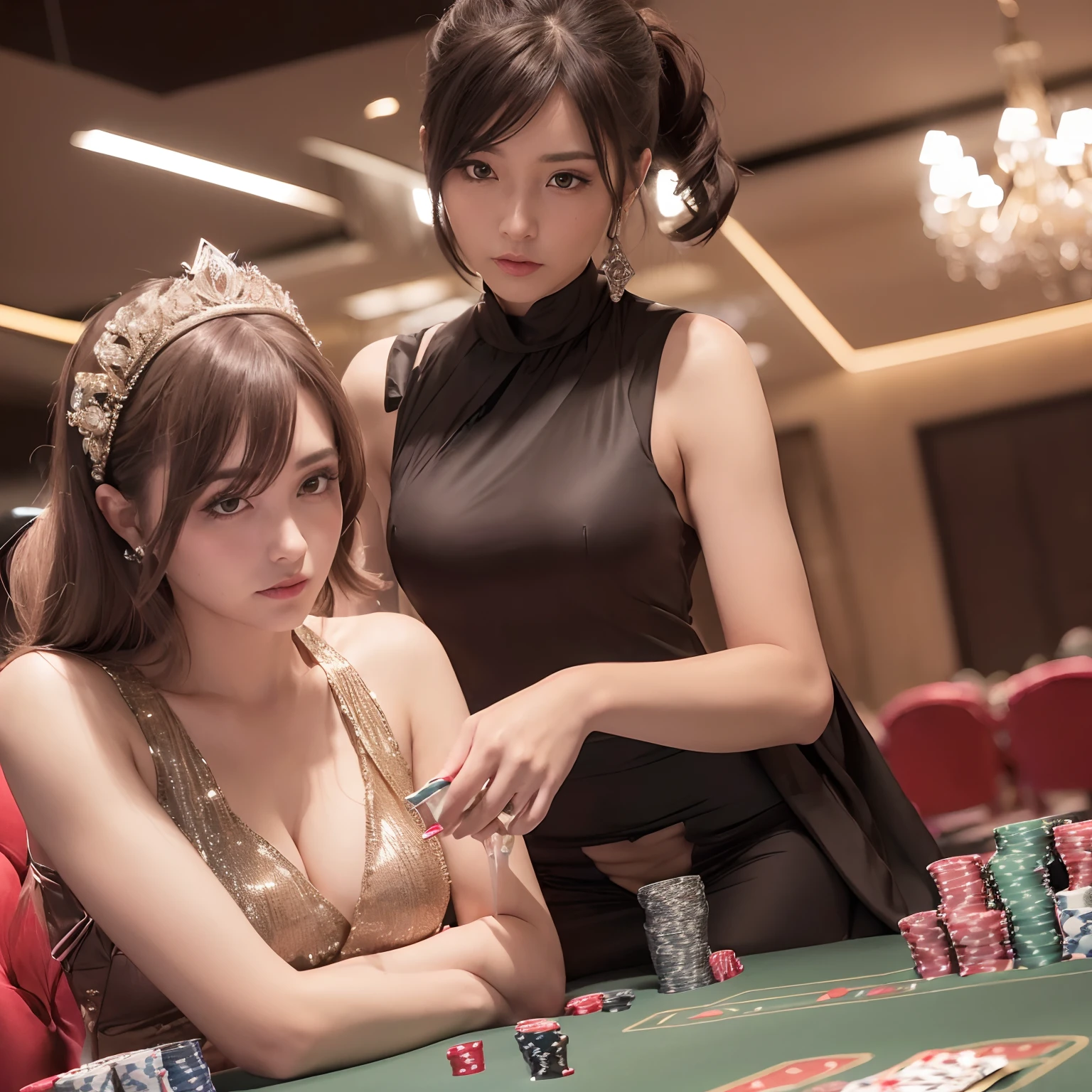 (In High Stakes Poker Games, In a glamorous evening dress, With a mysterious poker face.:1.3)