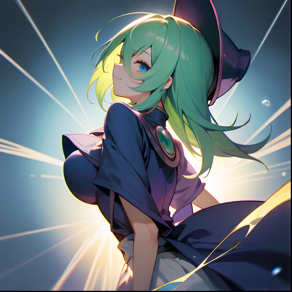 Dark Magician Girl、MKSKS style、独奏、(highly detailed back ground:1.0)、(highly detailed back ground:1.0)、masterpiece、top-quality、超A high resolution、in 8K、BREAK、from the front side、(1/2 and 1 gray/2 Lime Green Hair)、BREAK、Detailed clothing、White shirt、Detailed skin、glowy skin、A detailed eye、Blue eyes、looking in camera、Burning cheeks、Smile、Large breasts、BREAK、(soap bubbles:1.2、Bright lighting:1.1)、daytime、dynamic ungle