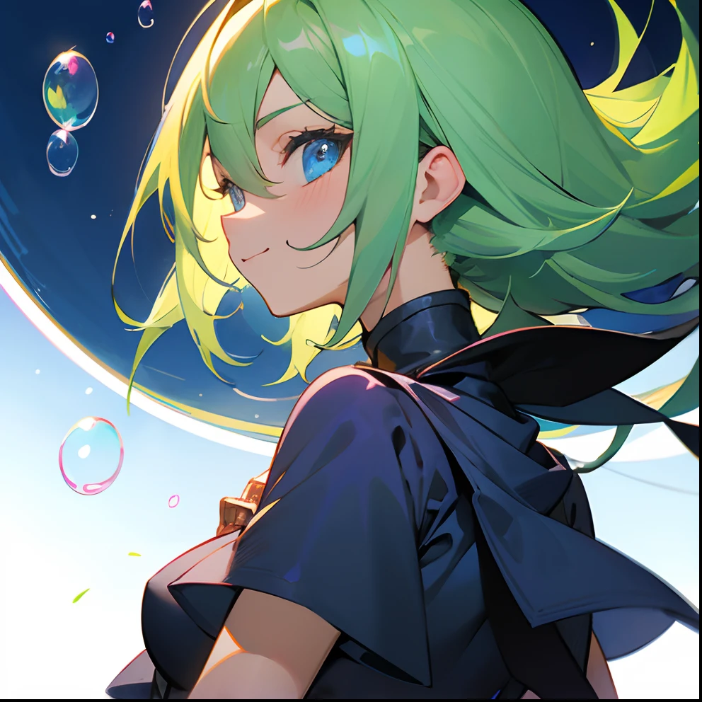 Dark Magician Girl、MKSKS style、独奏、(highly detailed back ground:1.0)、(highly detailed back ground:1.0)、masterpiece、top-quality、超A high resolution、in 8K、BREAK、from the front side、(1/2 and 1 gray/2 Lime Green Hair)、BREAK、Detailed clothing、White shirt、Detailed skin、glowy skin、A detailed eye、Blue eyes、looking in camera、Burning cheeks、Smile、Large breasts、BREAK、(soap bubbles:1.2、Bright lighting:1.1)、daytime、dynamic ungle