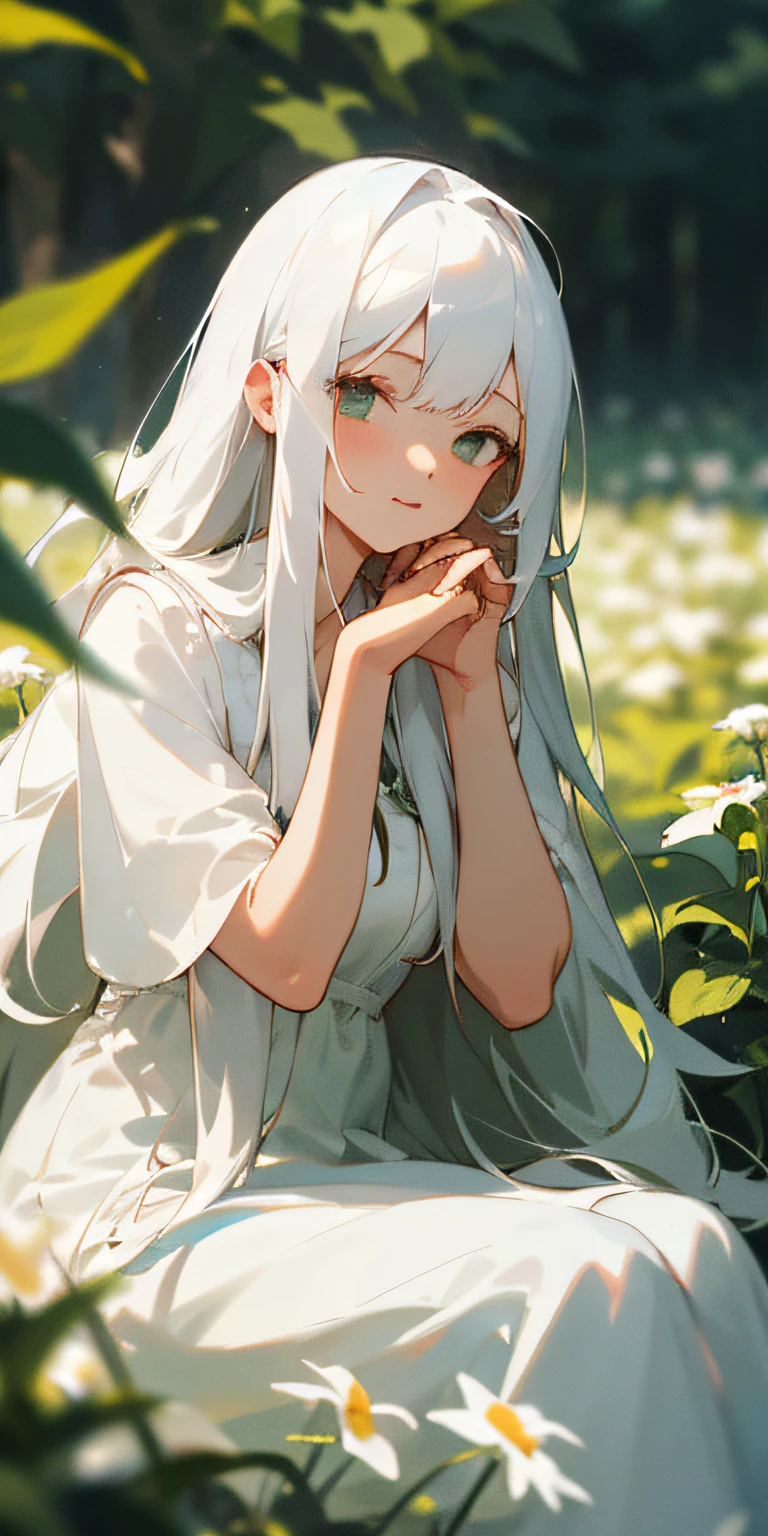 (masterpiece, best quality),1girl with long white hair sitting in a field of green plants and flowers, her hand under her chin, warm lighting, white dress, blurry foreground
