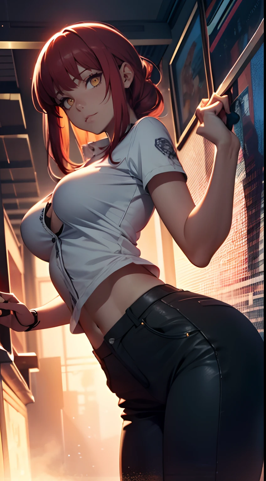 A girl, sexypose, Nudie, The character Makima from the anime series Chainsaw Man, fragile, makima, Beautiful figure, Skinny black pants, red hair, Orange Eyes, white shirt, sexypose, Realistic, Very detailed, handsome body, Detailed body, Detailed hands, Detailed, Vibrants, Detailed Face, Makima's character design. Very detailed, Detailed body, Detailed hands, Detailed Face, anime art, extremely detailed CG unity 8k wallpaper, detailed light, Cinematic lighting, chromatic aberration, glittering, expressionless, epic composition, dark in the background, Cherecter Desing, Very detailed, Detailed body, Vibrants, Detailed Face, sharp-focus, anime art, Vibrants, Detailed Face, Hugh Details, sharp-focus, Very drooping face, A detailed eye, super fine illustration, better shadow, finely detail, Beautiful detailed glow, Beautiful detailed, Extremely detailed, expressionless, epic composition, Presented at artstation, Octane Render, artstation hd, Cinematic, 4 thousand., hypermaximalist, elegant