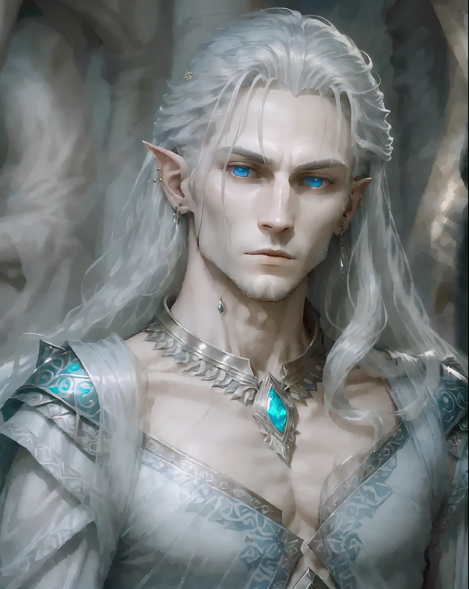 King Eldorian, The high elven king, with his long silver hair and piercing blue eyes, exudes an aura of wisdom and power. Beside him, the queen radiates elegance and grace, her flowing gown shimmering with enchanting patterns, highly detailed, photorealistic, 16K, --auto --s2