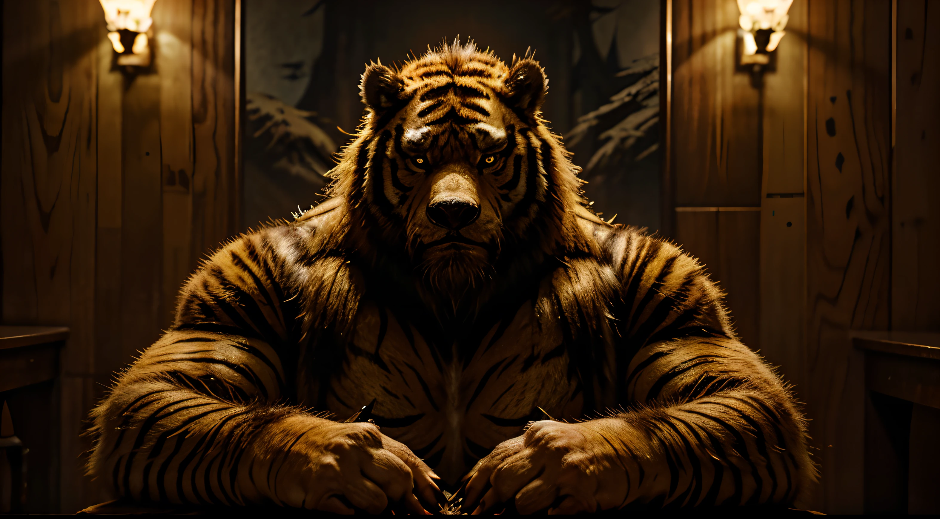 Beastman、Grizzly Face、Yellow glowing eyes、Sea of trees、crown of gold、Luminous Eyes、tiger fur、tusk、Big nails from fingers、Foggy、grizzly bear、wall-paper