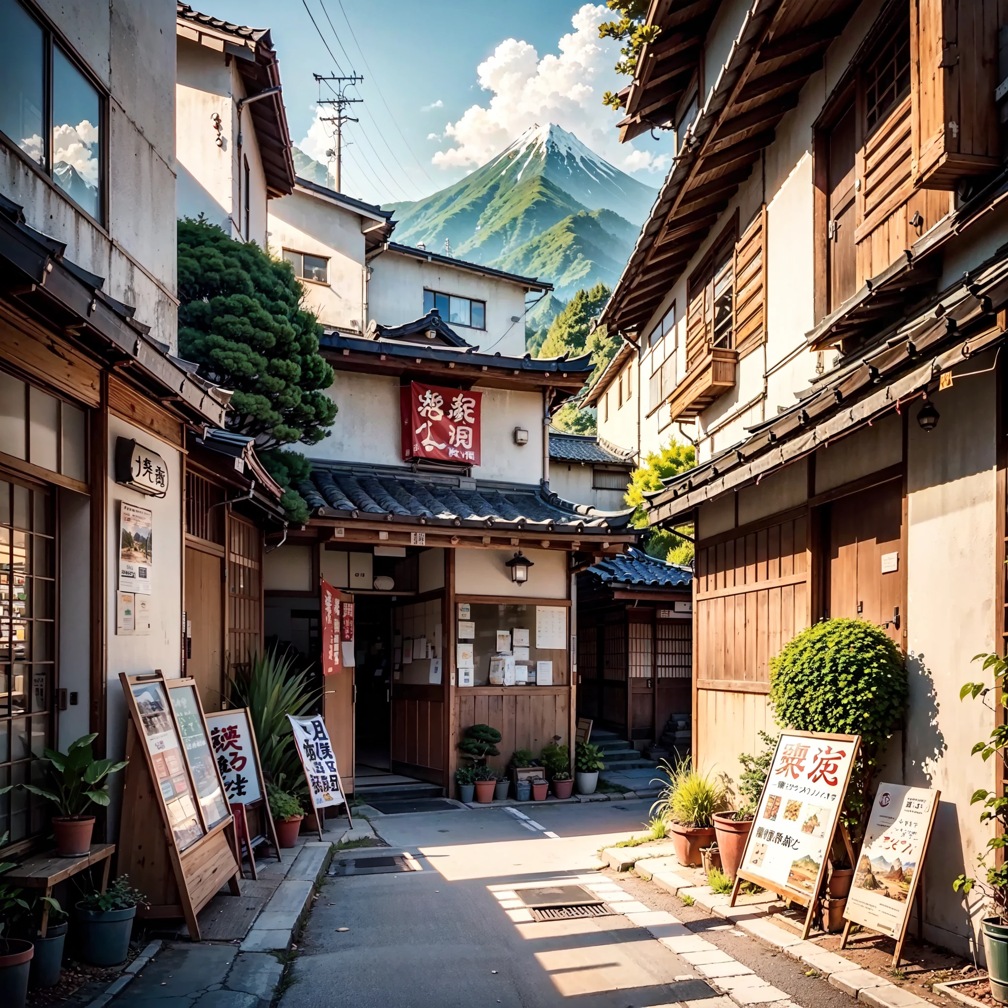 anime background, anime wallpaper, anime, anime style, lofi, lofi style, modern japanese rural street, mountains, uphill, modern japanese architecture, japanese convenience store, big retro japanese shop signs, retro japanese store, trees, plants, rocks, plant pots, shop signs, japanese banners, japanese signs, flags, sunrise, golden hour, golden lighting, empty street, no one in sight, (no one: 1), best quality, no people, no characters
