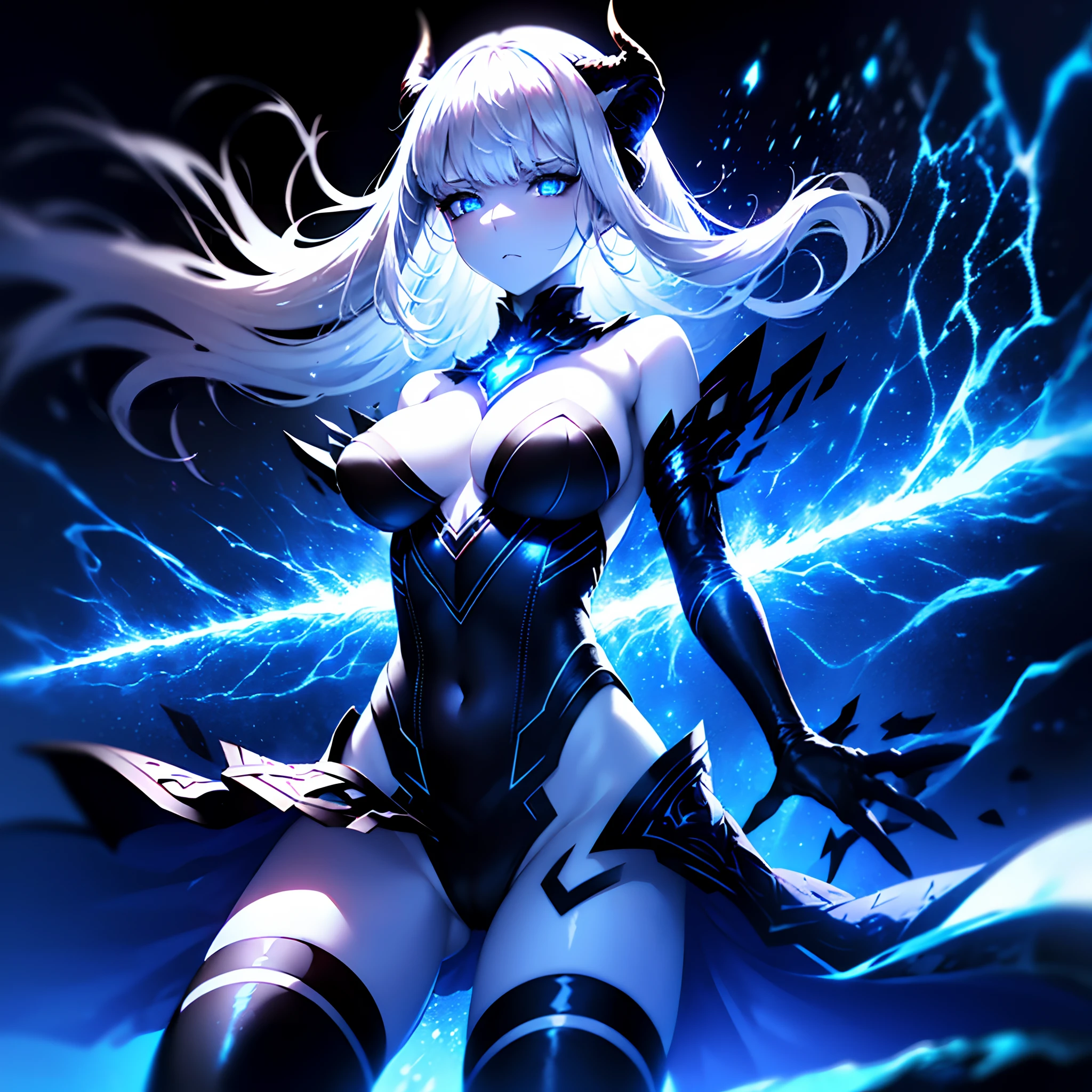 (Best quality, 8k,1 girl, solo, very pale silver skin), (cyber blue eyes, white hair with black fringes, horns with lightning magic), medium breasts, cinematic lighting, (floating midair, bare shoulders, highly detailed tight top, showy outfit), hand toward viewer, (cold expression, looking at viewer, epic)