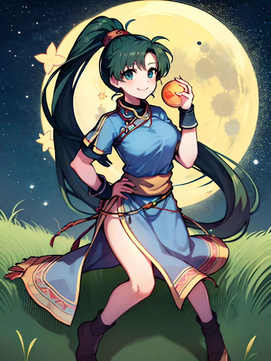 (Lyn from FE)(smiling) (full body) (high quality)(a large moon and stars in the background)