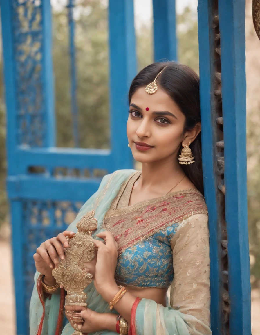 Indian young girl in typical Indian dress, Blue gate in the background, half-length shot, Sunny day, high-quality photo