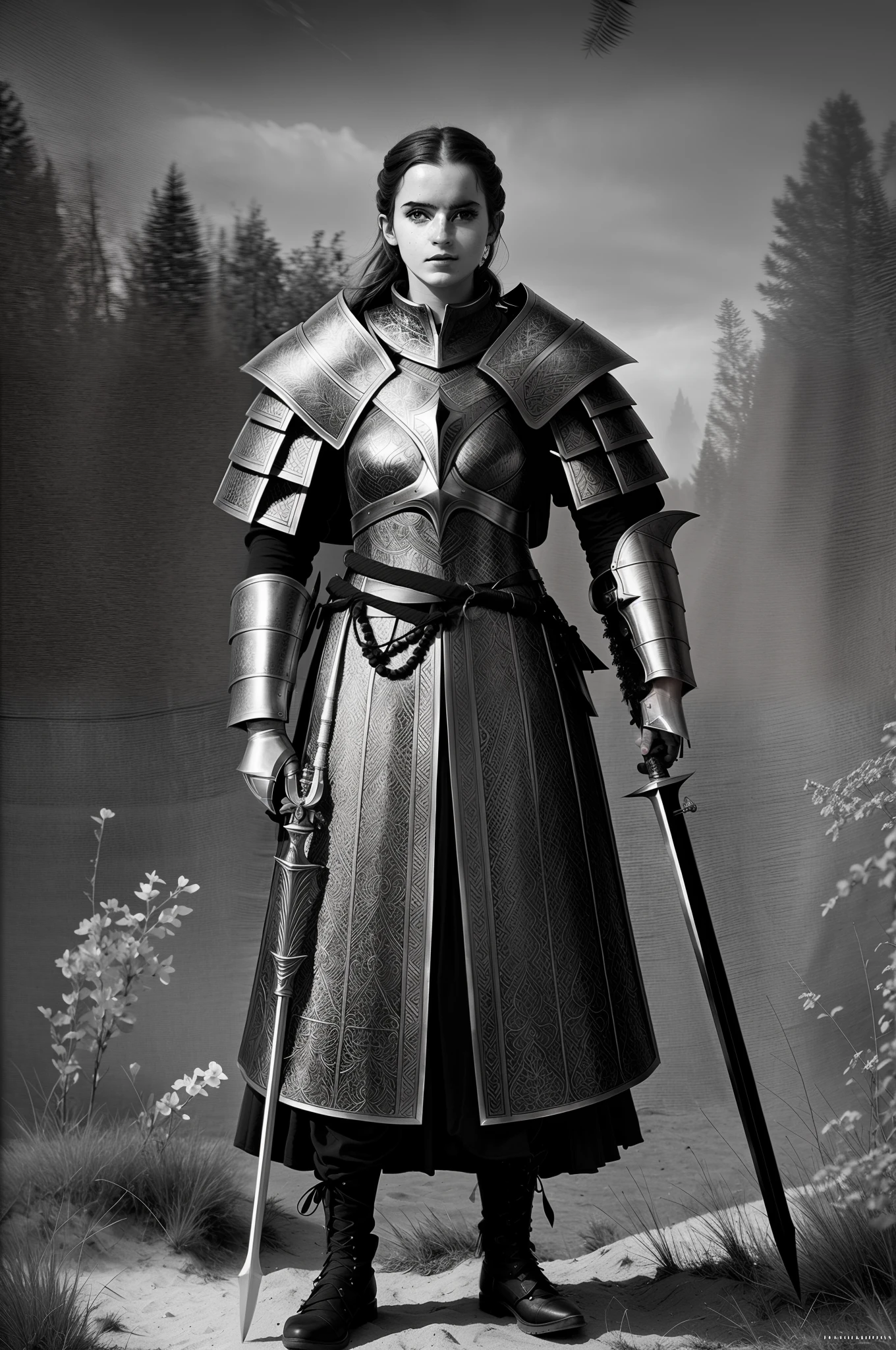 imagem arafed de um homem em armadura com uma espada, Joana d'Arc, totalmente vestido com armadura, Emma Watson como Joana D'Arc, Retrato do cavaleiro, Emma Watson como Cavaleiro, Retrato de um cavaleiro, Majestade em roupas nobres, full portrait of magical knight, Directed by: Bartholomew of Eyck, vestidos com armadura