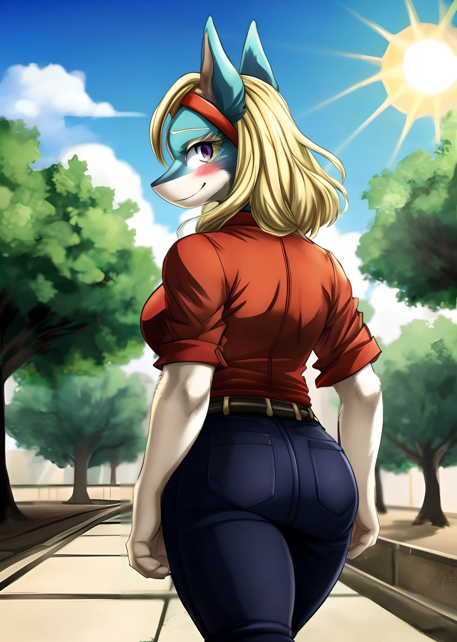 [ippan_josei], [Boku no hero academia], ((masterpiece)), ((HD)), ((high quality)), ((solo portrait)), ((back view)), ((furry)), ((anime)), ((detailed shading)), ((intricate details)), {anthro; (blue fur), (long bleach-blonde hair), (big cute purple eyes), (short white eyelashes), (gorgeous hips), (beautiful defined legs), (cute smile), (blushing)}, {(tight button-up red shirt), (tight black jeans), (red headband)}, {(standing), (looking back)}, [Background; (park), (blue sky), (sun rays)]