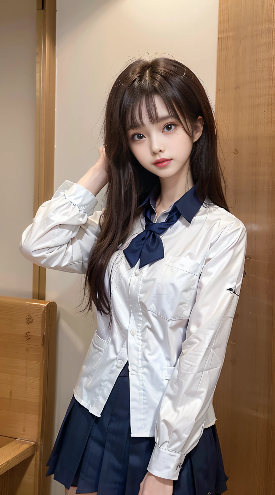 ((Best Quality, 8K, Masterpiece:1.3)), A beautiful girl, pure, melon face, gentle and cute, sweet smile, pure desire, thin body, (frontal), (tilted head), looking directly at the camera, uniform, obi, formal, black silky long straight hair, long hair flowing over the shoulders, round black big eyes, clear big eyes, moist red lips, sweet, sitting on the bed, window background,