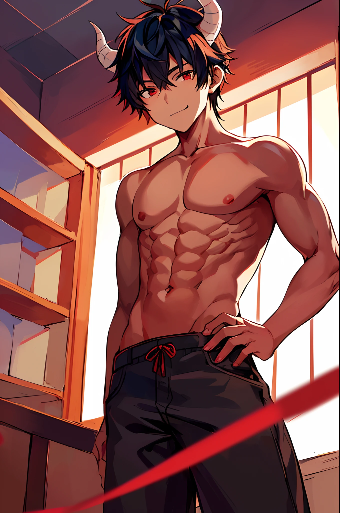 1boy, Solo, muscular, muscular, Red Eyes, Medium Hair, Black hair, Man with horns on his head, Demon lord who fits male demons with white horns, oni horns, with horns, Red skin, Best Quality, High quality, masutepiece, professional novel illustration, ((20yr old)), Thin, Happy, (((From below)))gold