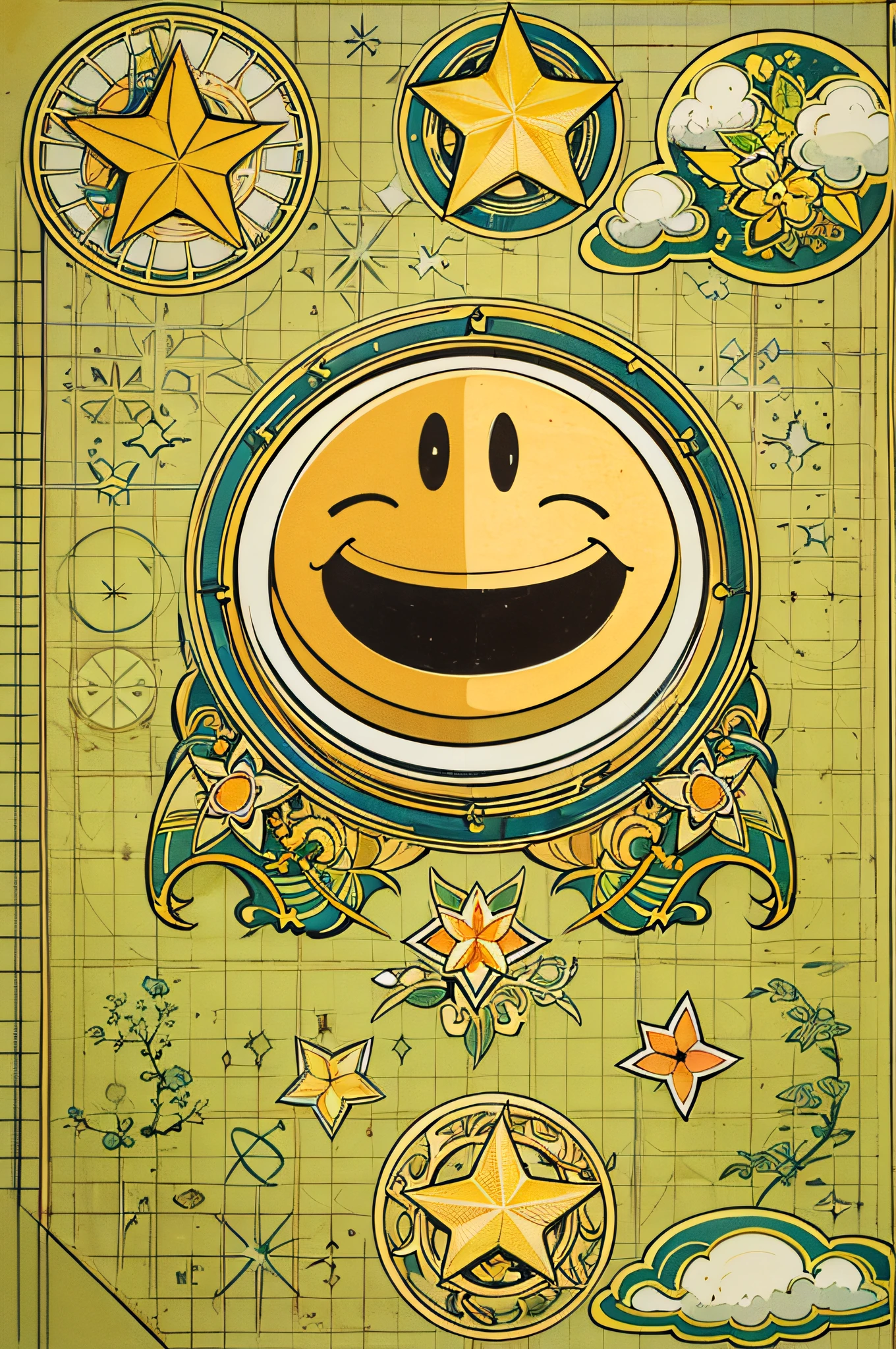 A badge、The center is a smiley face pattern,The eye part of the smiley face consists of two upward arcs,Resembles a crescent,The mouth part of the smiley face is two curved downwards,Shaped like a fish's tail。The whole smiley face motif symbolizes happiness、Friendly and warm、On the periphery of the smiley face pattern,There are four yellow five-pointed stars,It is symmetrically distributed,Symbolizes happiness and hope、The edge of the coat of arms is wrapped around a thin orange line,Make the whole badge more refined。