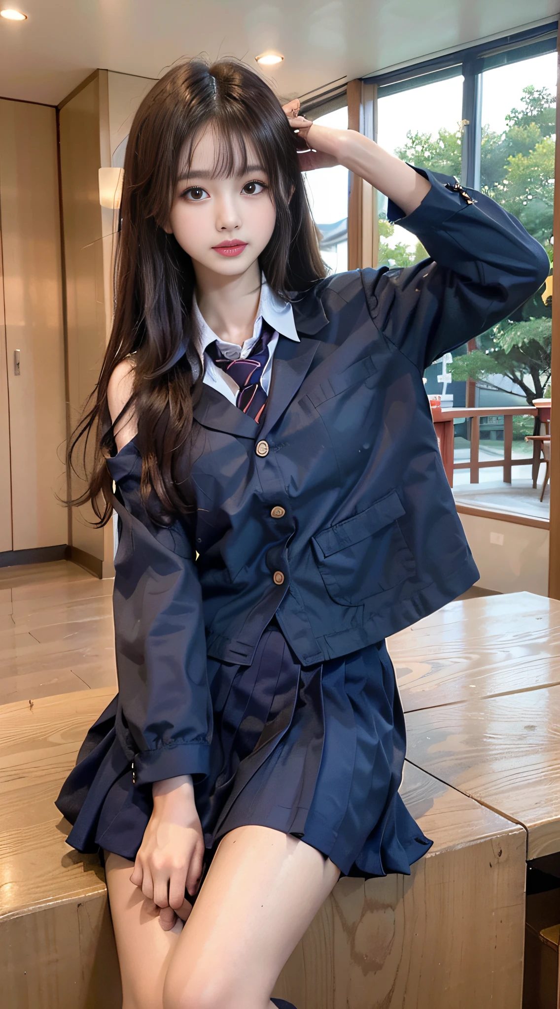 1womanl, (middlebreasts), light brown hair, Blunt bangs, hair behind ear, hair over shoulder, (Long hair),wetting hair,( slender body shape), (Ultra Fine Face), Delicate lips,(beautidful eyes), thin blush, Brown eyes, (shinny skin, flawless skin :1.3),hide one's hands,(Dark blue student blazer,white shirt, Dark blue flared skirt),(Japan Schoolgirls),(Posture with armpits wide open:1.3),Smile,,bustshot,(bamboo forrest:1.5)