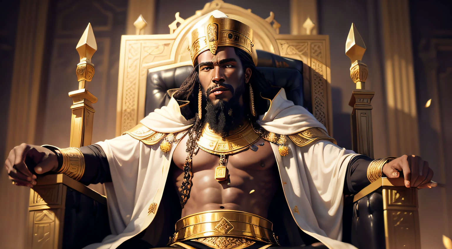a black man king of Mali in the 12th century Muslim imperator sitting on a throne holding several gold bars in his hand