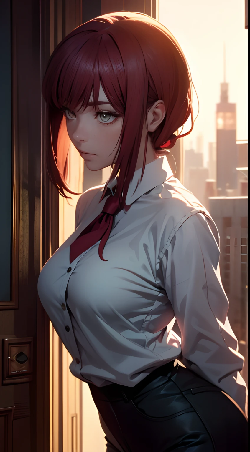 A girl, sexypose, Nudie, The character Makima from the anime series Chainsaw Man, fragile, makima, Beautiful figure, Skinny black pants, red hair, Orange Eyes, white shirt, sexypose, Realistic, Very detailed, handsome body, Detailed body, Detailed hands, Detailed, Vibrants, Detailed Face, Makima's character design. Very detailed, Detailed body, Detailed hands, Detailed Face, anime art, extremely detailed CG unity 8k wallpaper, detailed light, Cinematic lighting, chromatic aberration, glittering, expressionless, epic composition, dark in the background, Cherecter Desing, Very detailed, Detailed body, Vibrants, Detailed Face, sharp-focus, anime art, Vibrants, Detailed Face, Hugh Details, sharp-focus, Very drooping face, A detailed eye, super fine illustration, better shadow, finely detail, Beautiful detailed glow, Beautiful detailed, Extremely detailed, expressionless, epic composition, Presented at artstation, Octane Render, artstation hd, Cinematic, 4 thousand., hypermaximalist, elegant