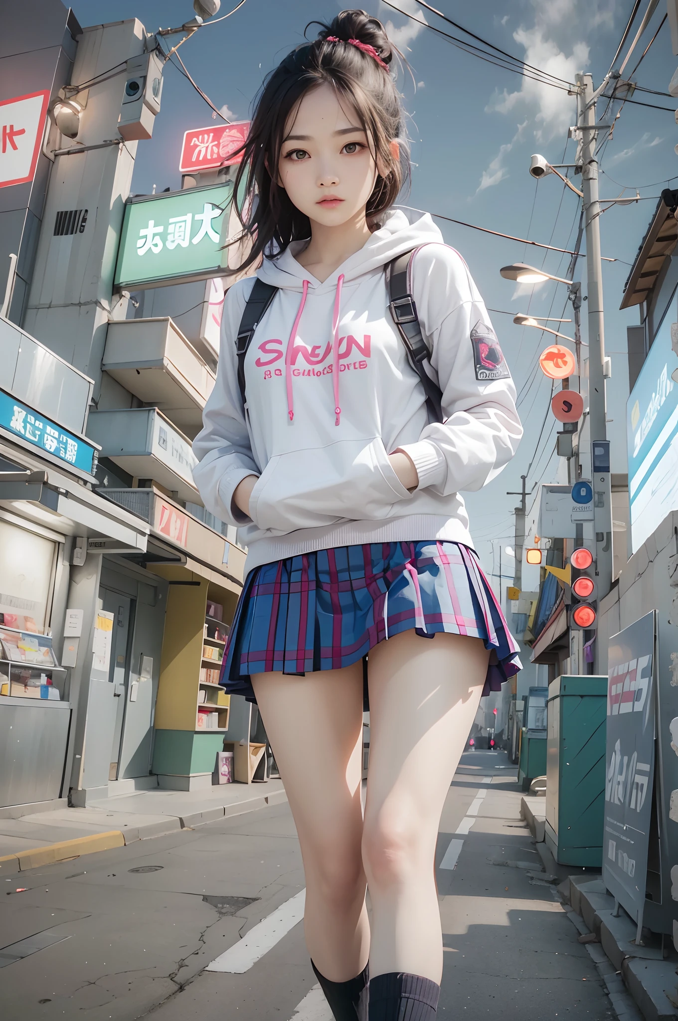 (masterpiece, best quality:1.4), 8k, 85mm, official art, absurdres, (downblouse:1.2), (from above:1.1), violaceaess, cute face, beautiful eyes, camisole, upper body, looking at viewer, short hair, bangs, small head, (smile:0.6), sharp focus, facelight, dynamic lighting, cinematic lighting, dramatic shadow, perspective, depth of field, highres, ultra detailed, finely detail, extremely detailed, detailed eyes and face, sharp pupils, realistic pupils, simple background, small waist, flare skirt