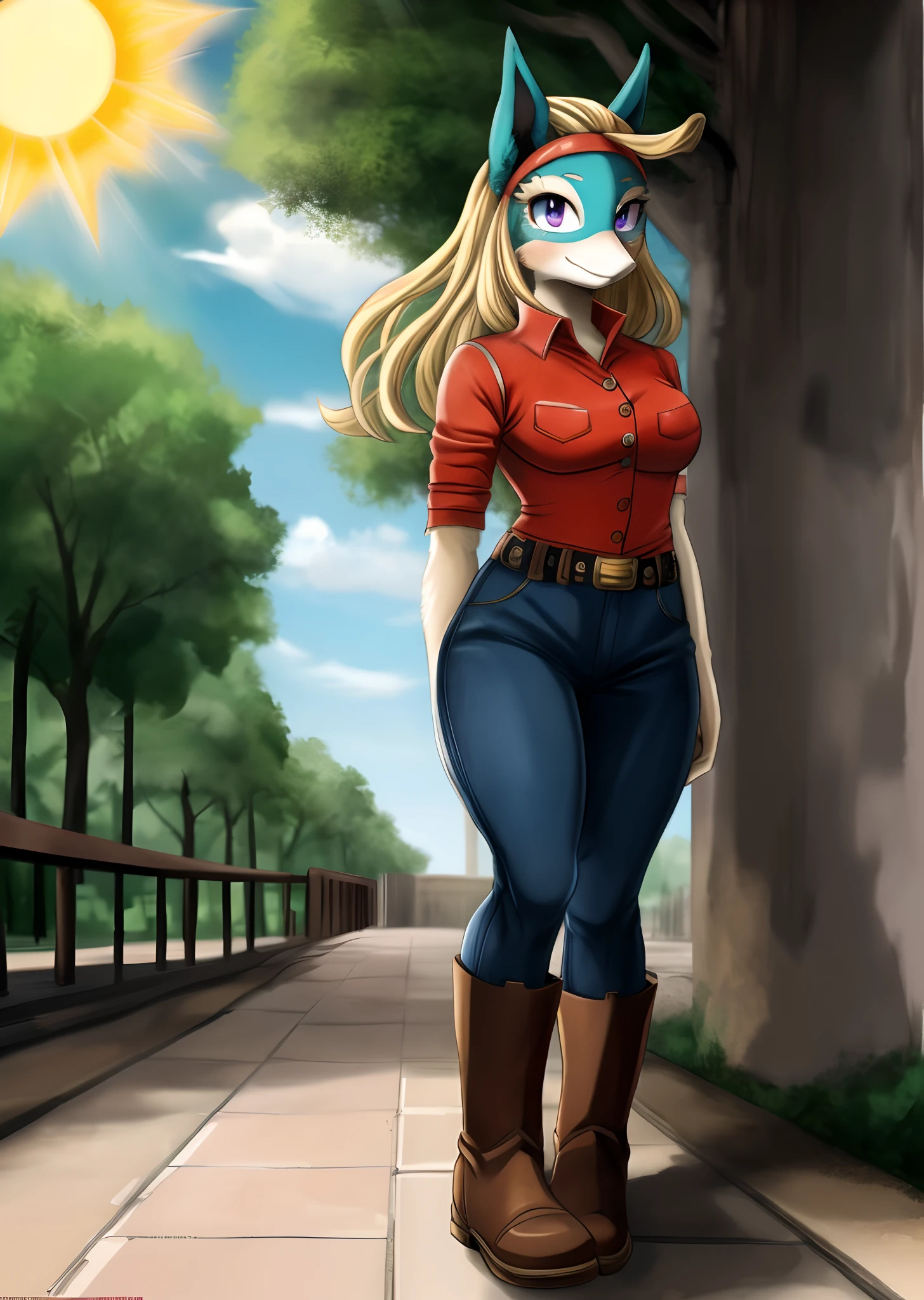 [ippan_josei], [Boku no hero academia], ((masterpiece)), ((HD)), ((high quality)), ((solo portrait)), ((full body)), ((shoes visible)), ((furry)), ((anime)), ((detailed shading)), ((intricate details)), {anthro; (tall slender body), (blue fur), (long bleach-blonde hair), (big cute purple eyes), (short white eyelashes), (gorgeous hips), (beautiful defined legs), (cute smile), (blushing)}, {(tight button-up red shirt), (tight black jeans), (red headband), (brown cowboy boots)}, {(standing), (pigeon-toed), (looking at viewer)}, [Background; (park), (blue sky), (sun rays)]