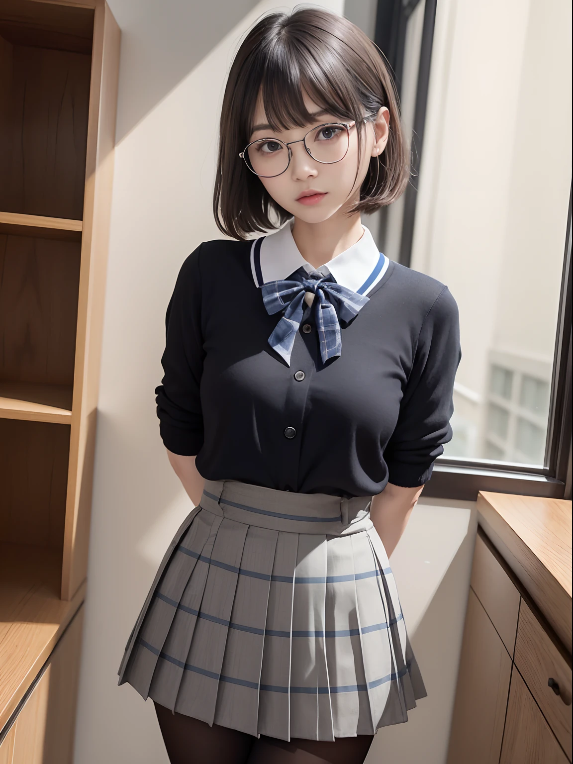 (Long bob cut)、(Underwear is visible)、((Narrow-eyed))、((Narrow-eyed))、((Narrow-eyed))、(8K、Raw photography、top-quality、masterpiece:1.2),((small tits))、((small tits))、((small tits))、((small tits))、((small tits))、((A-cup))、((A-cup))、((A-cup))、((A-cup))、((A-cup))、Has a small、(flat breast)、(flat breast)、(flat breast)、(flat breast)、(flat breast)、(being thin)、light skinned、skin whitening、Dark look、Rasping,glamor,Chromo-white skin,cocky,School,watching at viewers,Looking at the front,Muchimuchi,High-pitched clothing,Erotic,Pupils,de pele branca,kne,((Black pantyhose)),absurderes,a small face,,Forehead visible,Bangs hanging from the left and right sides of the forehead,(a cold expression,Tight eyes,glares,Bullish,irate)、masterpiece,top-quality、超A high resolution,Raw photo,ren,Beautiful fece,One Person, 独奏,eye glass,,Dark look,Small breasts,fullllbody,Round glasses,JK school uniform,hi-school girl,A Japanese Lady,is standing,(Photorealsitic:1.37)、Photon mapping,Realistic、Beautie,Cute little face,Brown-eyed、Black socks、(Red bow tie)、Radio City、Physically Based Rendering、depth of fields、Blurry background、a picture,Body,beauty legs, Long legs, Thin leg,(Bangs are visible), hair, s lips, Blue_The eye, nosesoft,(Light blue shirt), (Navy and blue and white plaid pleated skirt), Knees are visible,Sheer clothing,, Thigh, Black cotton socks,Nogizaka Idol, 女優, Japanese ido
