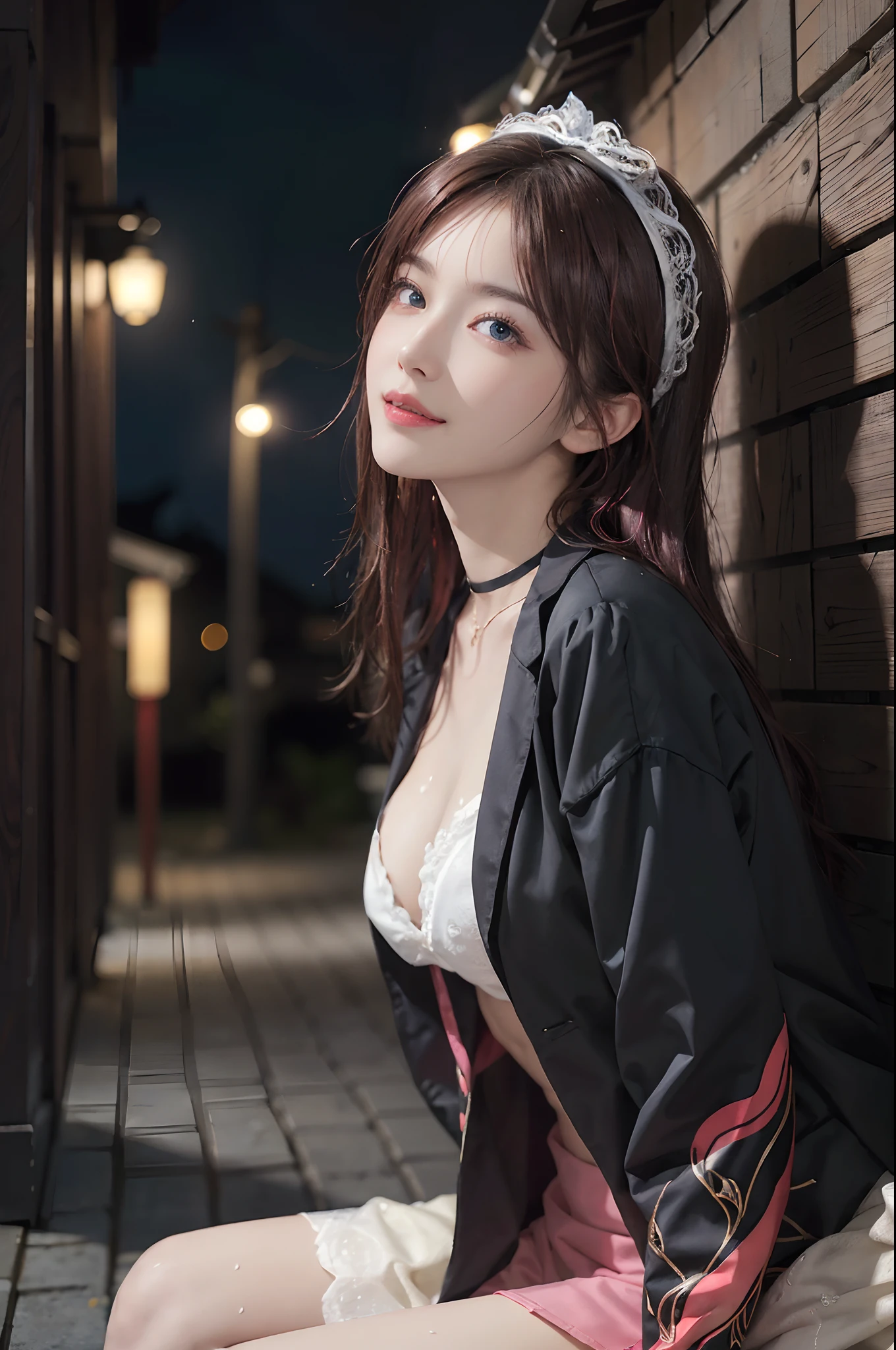 ((top-quality、masterpiece:1.3))、、1 female:2.0、Colossal tits:1.3、Slender body type:1.1、Toned abs、Brown hair、short-cut、Detailed lips、detailedeyes、二重まぶた、blue eyess、wide Shots、(Raw photography、top-quality)、(realisitic、Photorealsitic:1.3)、top-quality、masterpiece、extremely delicate and beautiful、extremely details CG、 absurderes、A smile、Erotic face、frontage、Fours、Slouched、Nokezoru、Bath、Strong smile、model poses、Cute side shot of 31 year old +Shy + Gorgeous French-Albanian schoolgirl、god rays、Shot with AFGA Vista 400::2.0 、Photos of the atmosphere in the style of Eric Madigan Heck and Arthur Elgort、Laugh with your mouth wide open:2.0、a shower、Wet、Long pink hair、Red headdress、red highlights、Hair above one eye、耳Nipple Ring、a choker、Open jacket、against a wall、Brick wall、doodle、Dim lighting、alleyway、looking at the spectator、 ((Meaning、魅惑的、enticing))、((Night background)))、((Japanese Temple Background)))、(((glow-in-the-dark background))、a blond