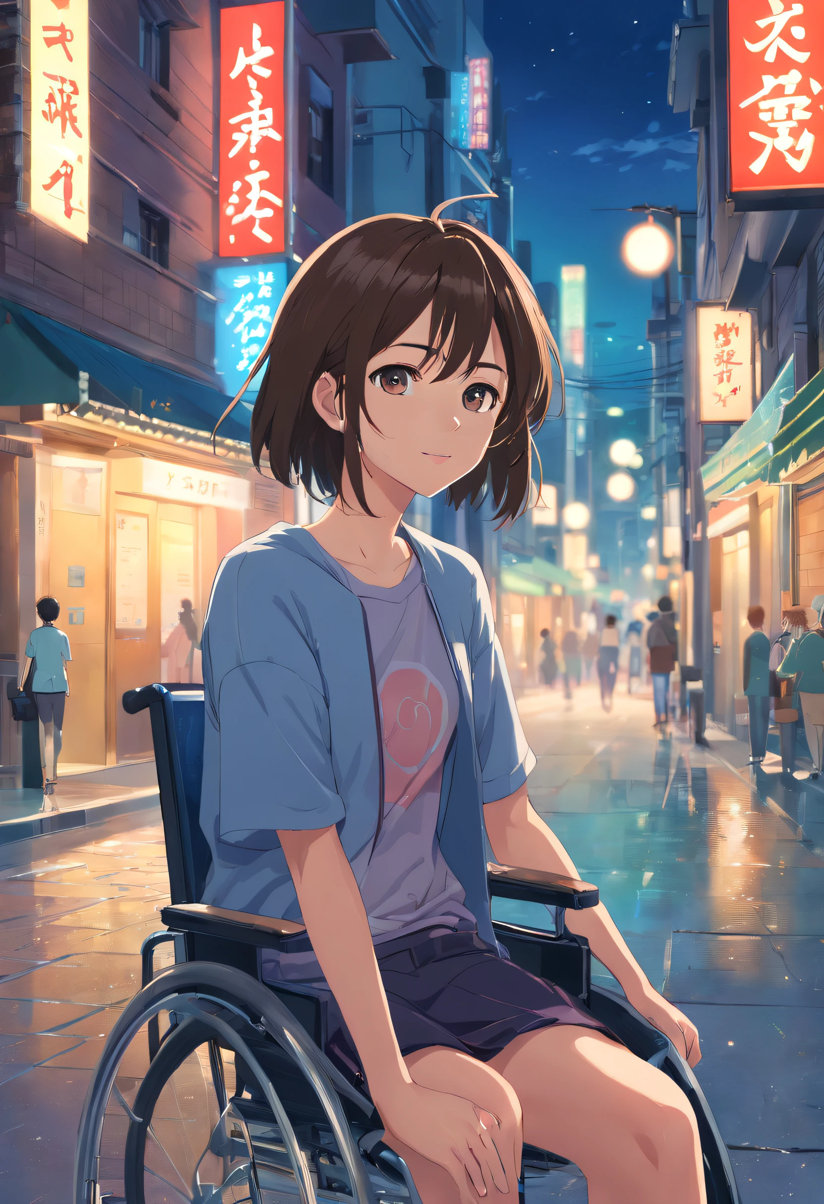 (Best quality, High resolution, Masterpiece :1.3), A pretty woman, Slender figure, Dark brown hair, T-shirt, (Street in city at night), Highly detailed face and skin texture, Detailed eyes, Double eyelid,in a wheelchair,with cat