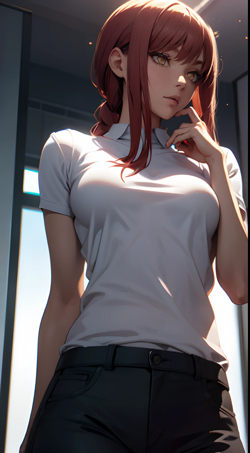 a woman in a White shirt sitting on a ledge, Makima from csm, beautiful anime girl squatting, Makima, thicc, she wears a black formal pant, Makima, looking from behind, back pose, full growth from the back, in full growth from the back, seductive anime girl, anime woman, Red hair. Bra strap and Underpants are lines visible can see through the clothes. Wet clothes
