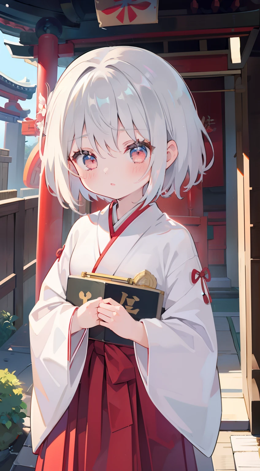 One girl、Silver Shorthair、cute little、shrines、Chemo-eared、​masterpiece、top-quality、Top image quality、Crimson hakama,shrine maiden,