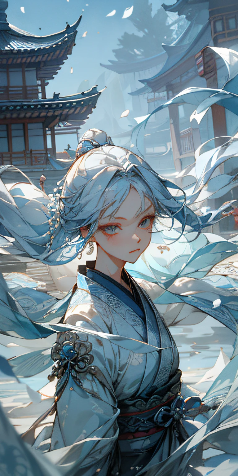 Mature girl, blue and white hair color, floating hair, delicate and flexible eyes, intricate brocade hanfu, gorgeous accessories, wearing pearl earrings, FOV, f/1.8, masterpiece, ancient Chinese style architecture, blue sky, flower petals flying, front portrait shot, Chang'e, side lighting, sunlight shining on people