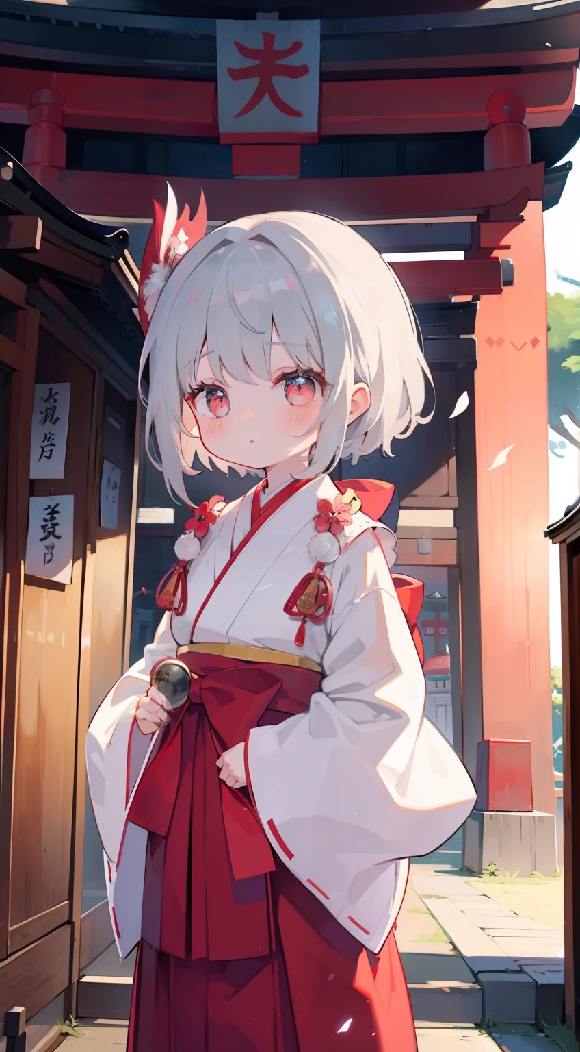 One girl、Silver Shorthair、cute little、shrines、Chemo-eared、masterpiece、top-quality、Top image quality、Crimson hakama,shrine maiden,