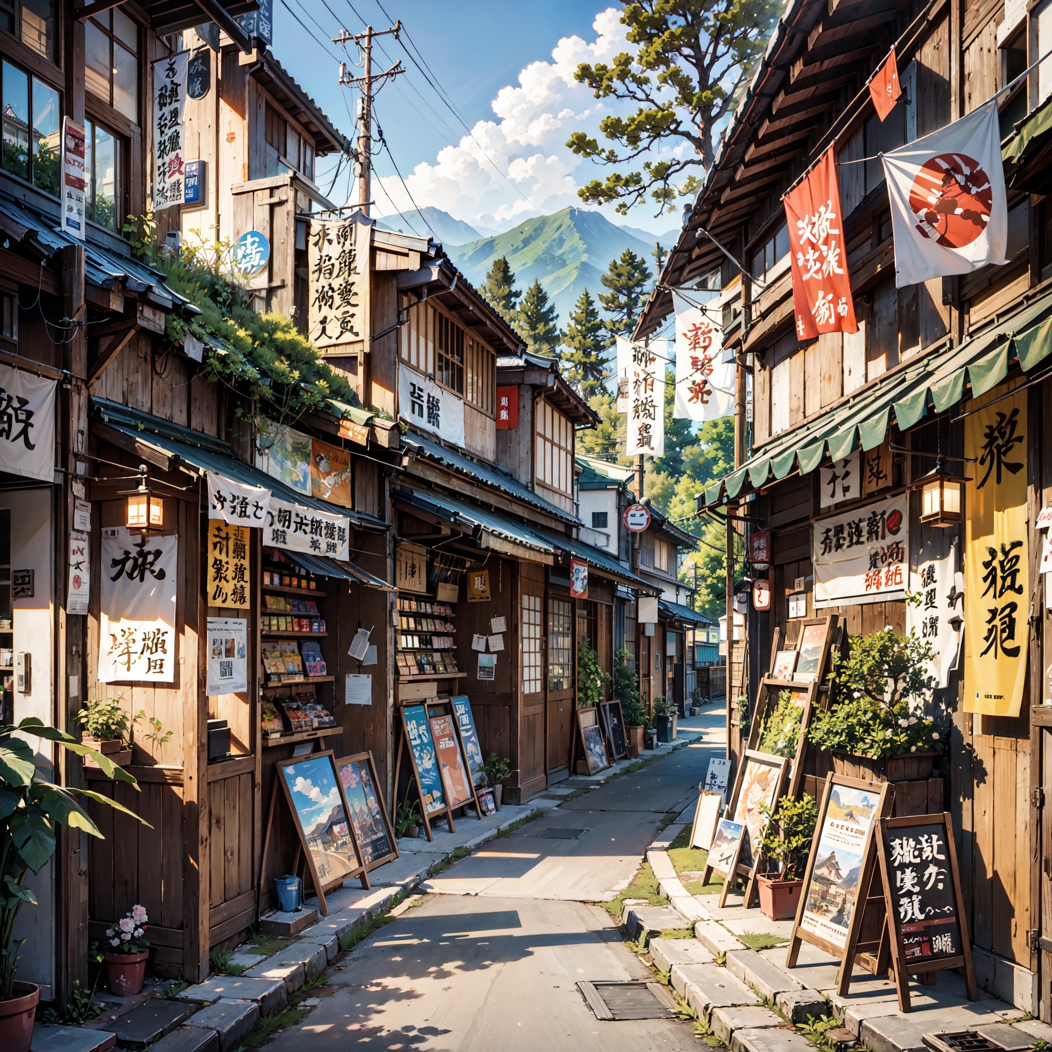 anime background, anime wallpaper, anime, anime style, lofi, lofi style, modern japanese rural street, mountains, uphill, modern japanese architecture, japanese convenience store, big retro japanese shop signs, retro japanese store, trees, plants, rocks, plant pots, shop signs, japanese banners, japanese signs, flags, sunrise, golden hour, golden lighting, empty street, no one in sight, (no one: 1), best quality, no people, no characters