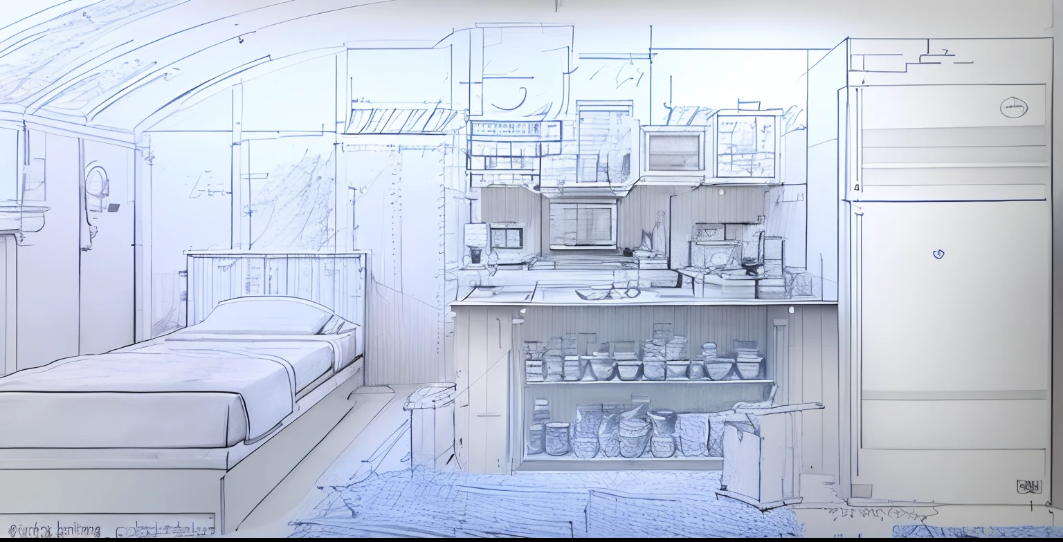drawing of a sketch of a bedroom with a bed and a refrigerator, ( ( dithered ) ), in blueprint form, sketch - up, an illustration of a bar/lounge, etching render, architectural concepts, high key detailed, clear detailed view, imaginary slice of life, architectural concept, background of digital greebles, architecture blueprint copy, a digital rendering in blue and white