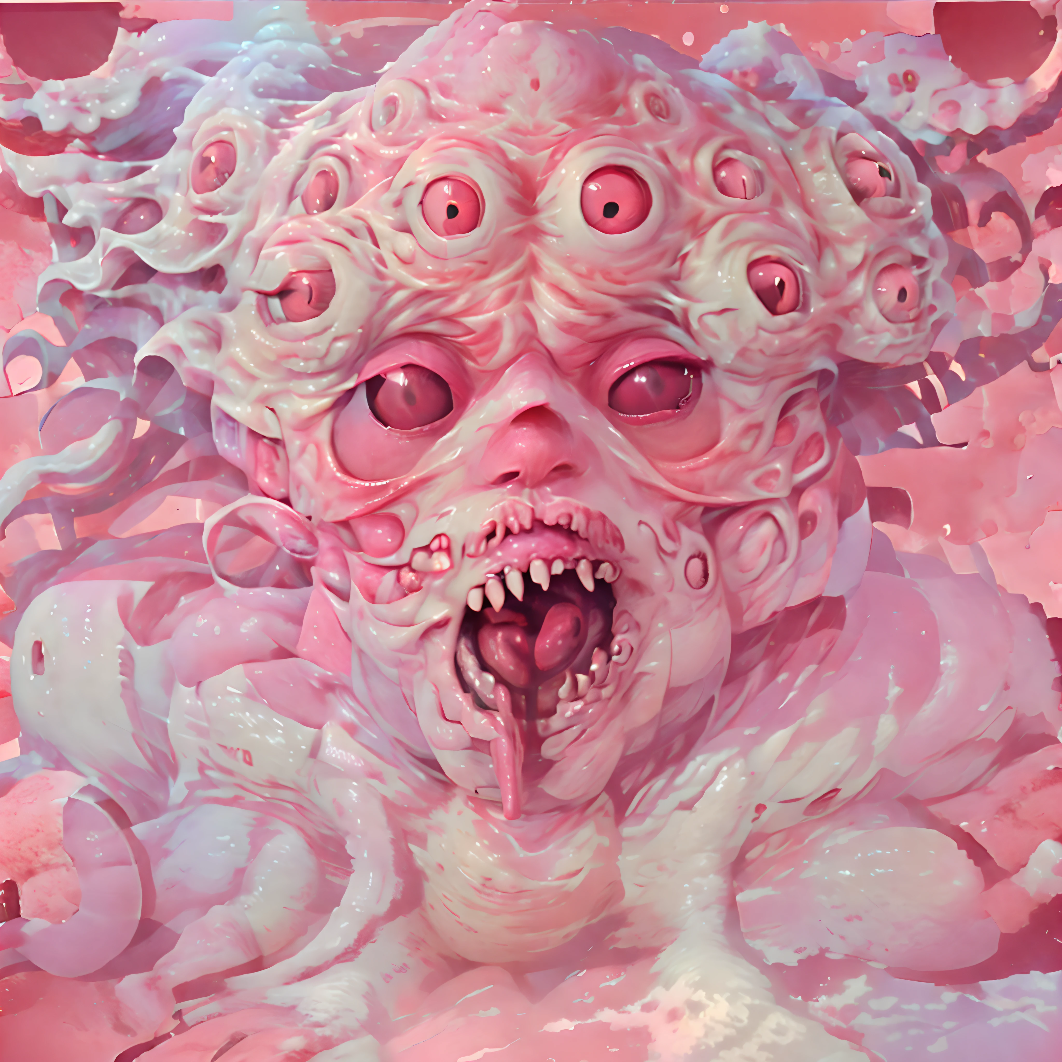 Closed eyes on pink background,closes mouth、pale round face,Facial symmetry, Symmetrical face,Monster Face,