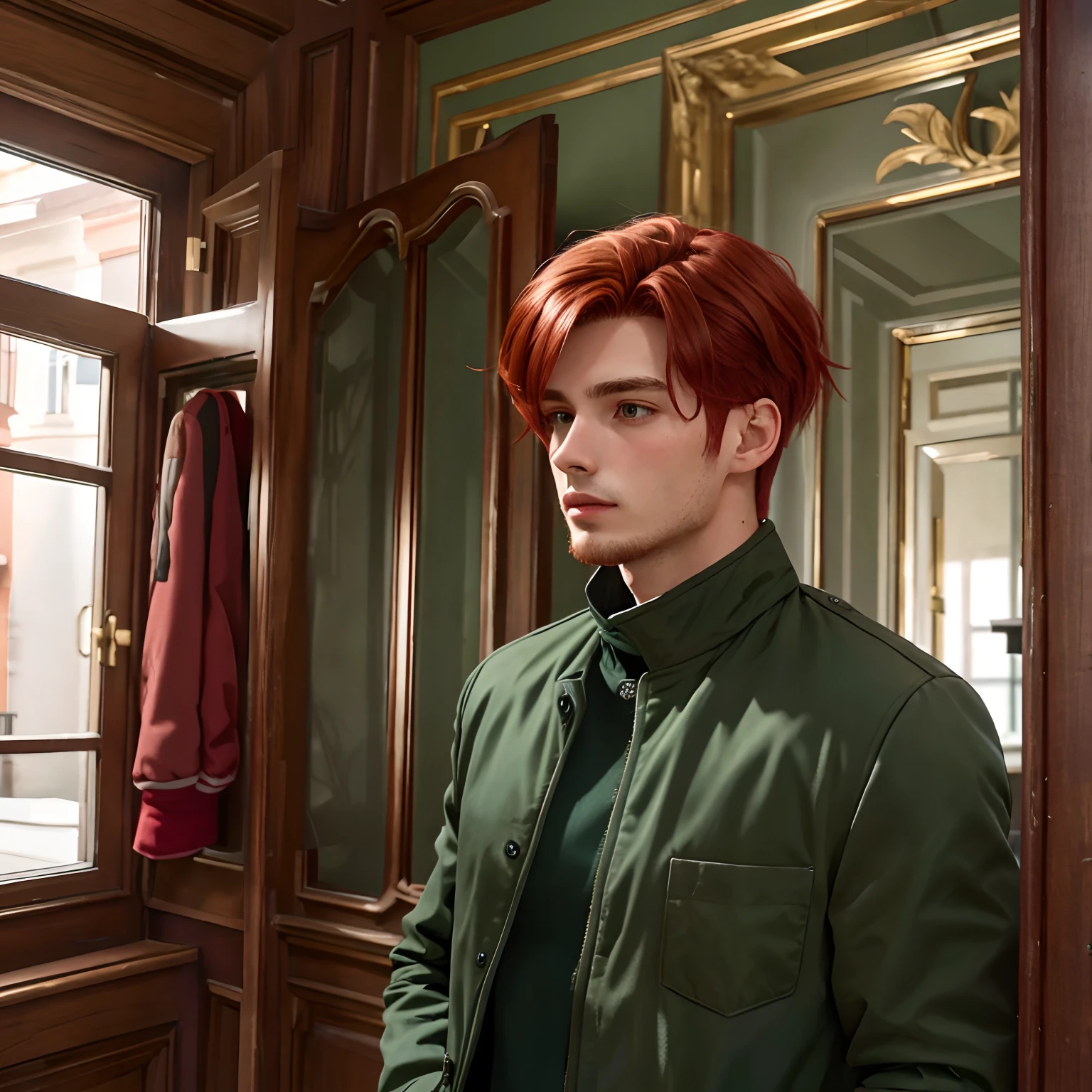 Una persona, 25-year-old man of European origin with red hair wearing dark green jacket in a luxurious mansion