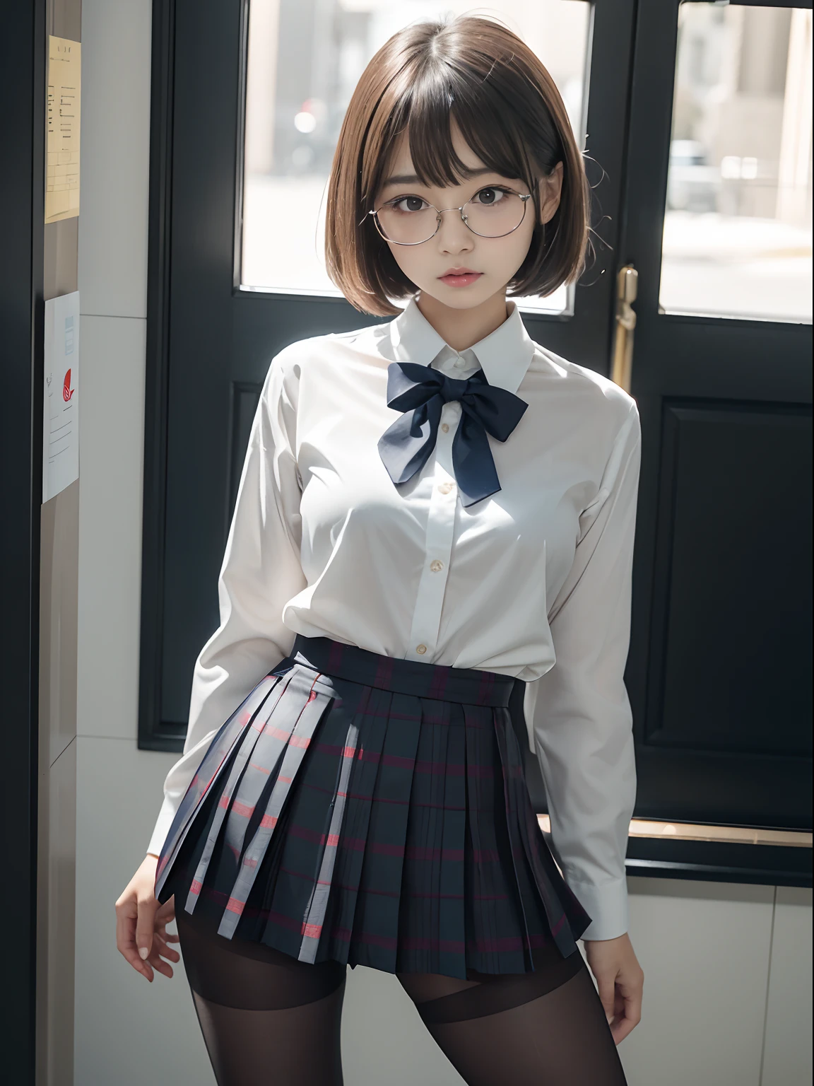 (Long bob cut)、(Underwear is visible)、((Narrow-eyed))、((Narrow-eyed))、((Narrow-eyed))、(8K、Raw photography、top-quality、masterpiece:1.2),((small tits))、((small tits))、((small tits))、((small tits))、((small tits))、((A-cup))、((A-cup))、((A-cup))、((A-cup))、((A-cup))、Has a small、(flat breast)、(flat breast)、(flat breast)、(flat breast)、(flat breast)、(being thin)、light skinned、skin whitening、Dark look、Rasping,glamor,Chromo-white skin,cocky,School,watching at viewers,Looking at the front,Muchimuchi,High-pitched clothing,Erotic,Pupils,de pele branca,kne,((Black pantyhose)),absurderes,a small face,,Forehead visible,Bangs hanging from the left and right sides of the forehead,(a cold expression,Tight eyes,glares,Bullish,irate)、masterpiece,top-quality、超A high resolution,Raw photo,ren,Beautiful fece,One Person, 独奏,eye glass,,Dark look,Small breasts,fullllbody,Round glasses,JK school uniform,hi-school girl,A Japanese Lady,is standing,(Photorealsitic:1.37)、Photon mapping,Realistic、Beautie,Cute little face,Brown-eyed、Black socks、(Red bow tie)、Radio City、Physically Based Rendering、depth of fields、Blurry background、a picture,Body,beauty legs, Long legs, Thin leg,(Bangs are visible), hair, s lips, Blue_The eye, nosesoft,(Light blue shirt), (Navy and blue and white plaid pleated skirt), Knees are visible,Sheer clothing,, Thigh, Black cotton socks,Nogizaka Idol, 女優, Japanese ido