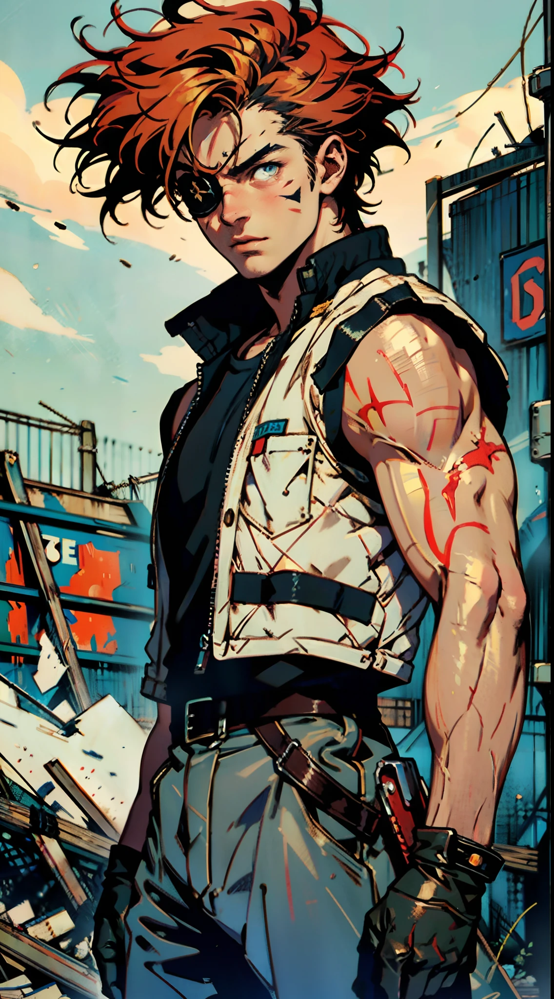 A young man with short golden hair, hair standing upright, right-eyepatch, a serious expression, a deep gaze, well-defined facial features, a two-piece sleeveless vest in a fantasy-modern style, color scheme primarily features shades of orange-red, with yellow and blue as secondary colors, wears gloves, loose-fitting utility pants, a long straight sword with a demon face decoration, the background depicts a cracked land, with rubble floating in the air, this character embodies a finely crafted fantasy-realism style one-eyed warrior in anime style, characterized by an exquisite and mature manga illustration art style, ghigh definition, best quality, highres, ultra-detailed, ultra-fine painting, extremely delicate, professional, anatomically correct, symmetrical face, extremely detailed eyes and face, high quality eyes, creativity, RAW photo, UHD, 8k, Natural light, cinematic lighting, masterpiece:1.5