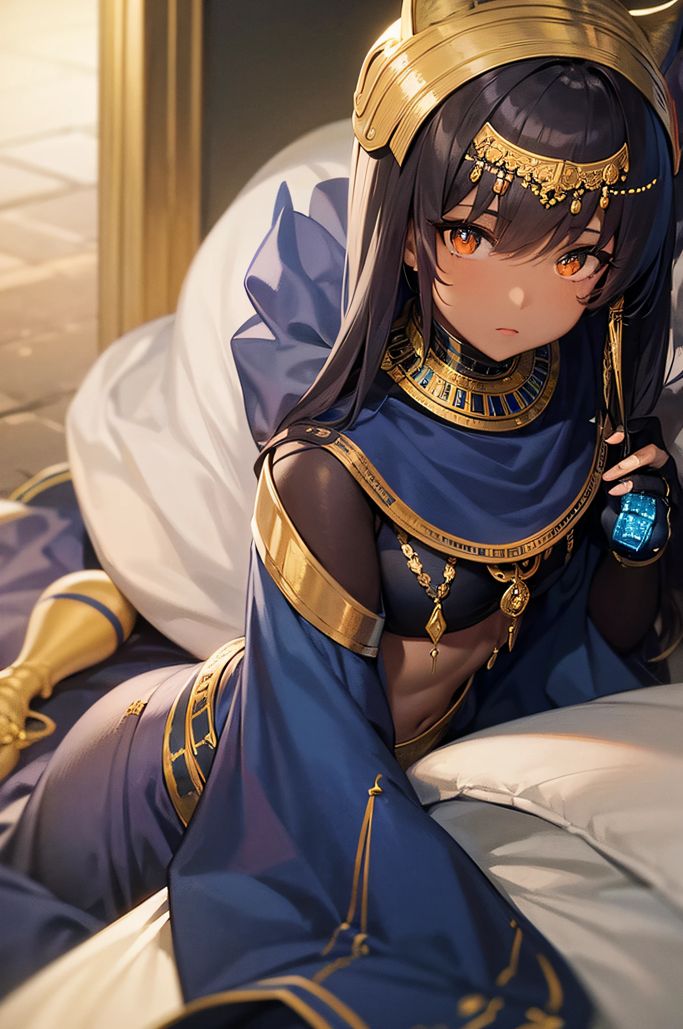 masterpiece,best quality,1girl,solo,sphynx girl,egyptian,gold,blue,royal,mature,dark skin,catgirl