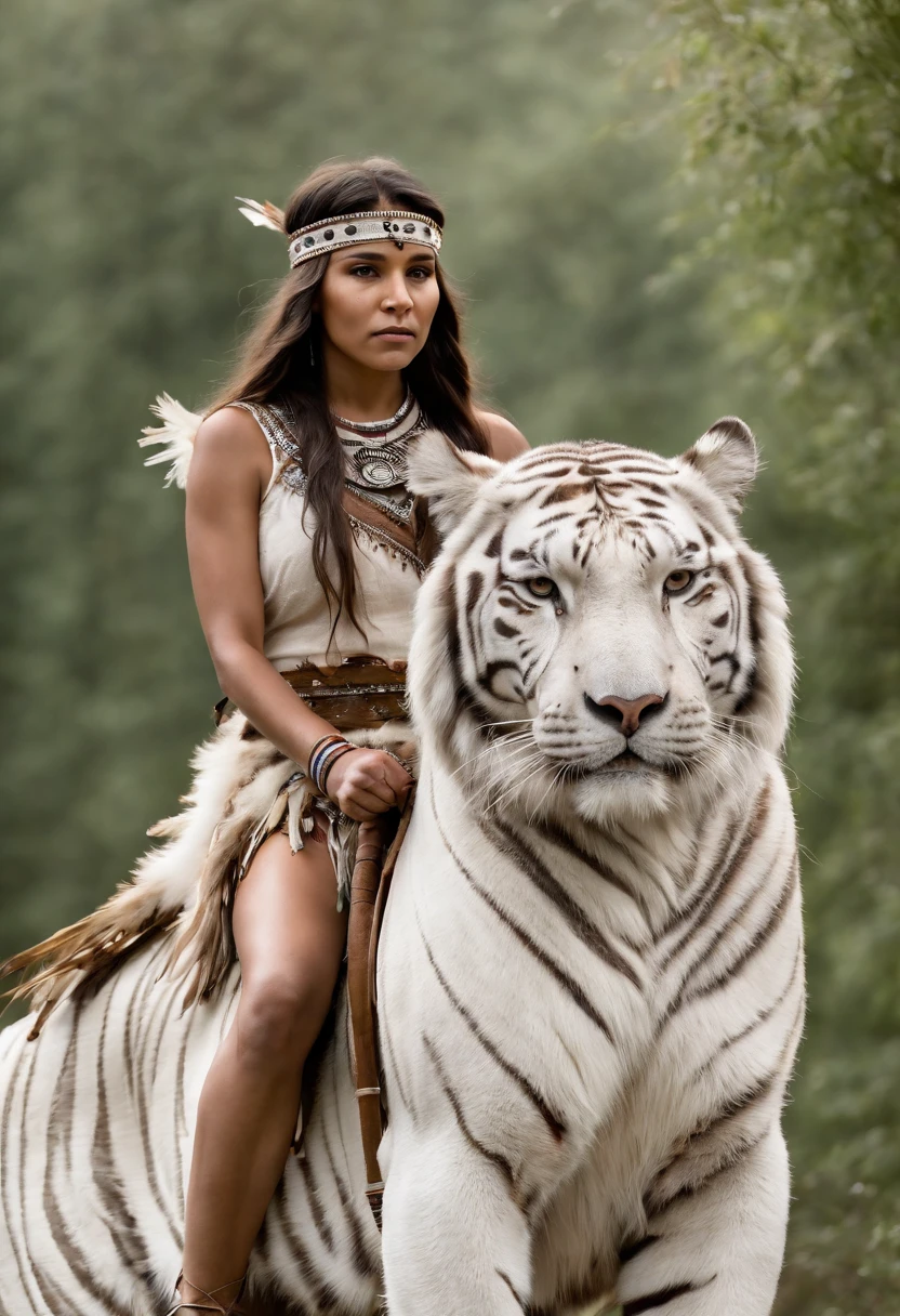 Native American woman warrior princess and her 7 year old daughter wearing tribal headdresses and traditional tribal clothing riding on their giant white tiger.