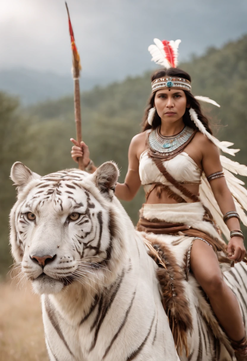 A medium brown skinned pregnant Native American warrior princess wearing a tribal headdress riding her giant white tiger. she has beautiful dark brown eyes and some freckles. She also wearing tradition tribal clothing.