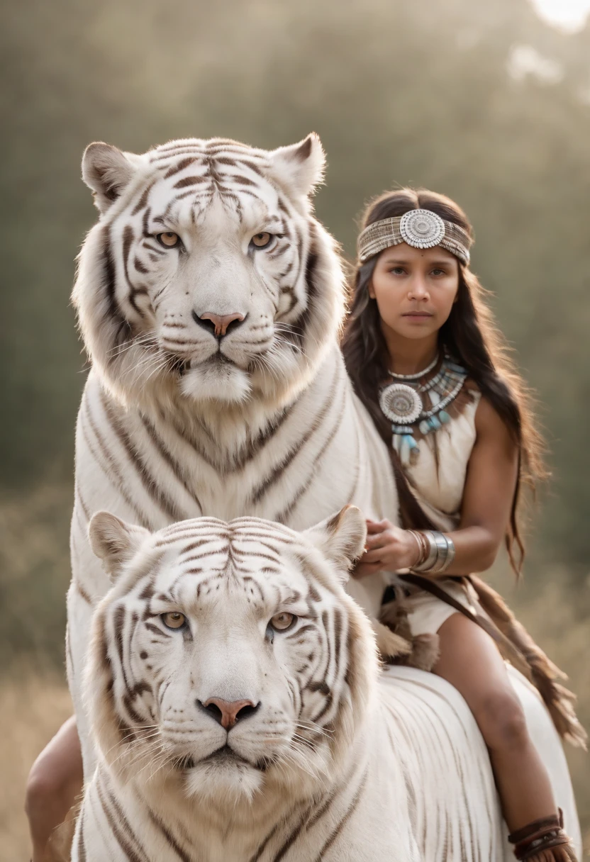 Native American woman warrior princess and her 7 daughter wearing tribal headdresses and traditional tribal clothing riding on their giant white tiger.
