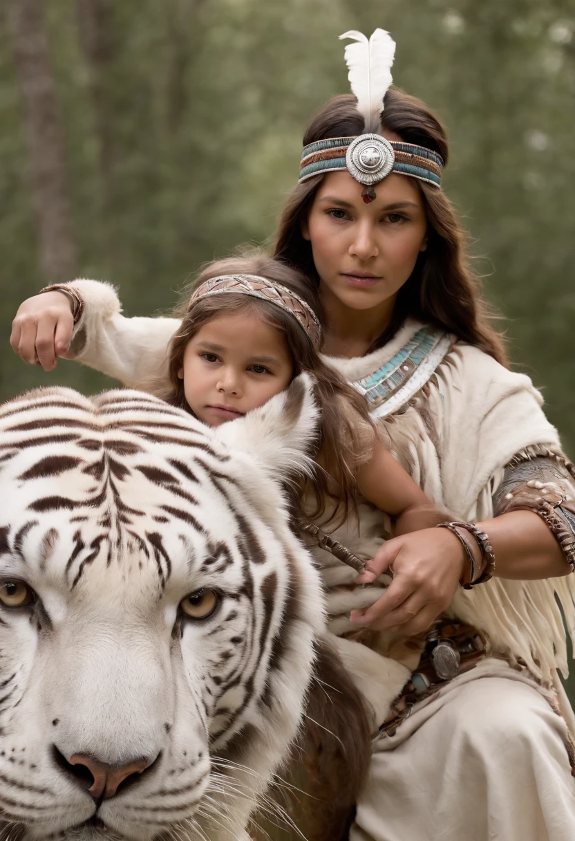 Native American woman warrior princess and her 7 daughter wearing tribal headdresses and traditional tribal clothing riding on their giant white tiger.