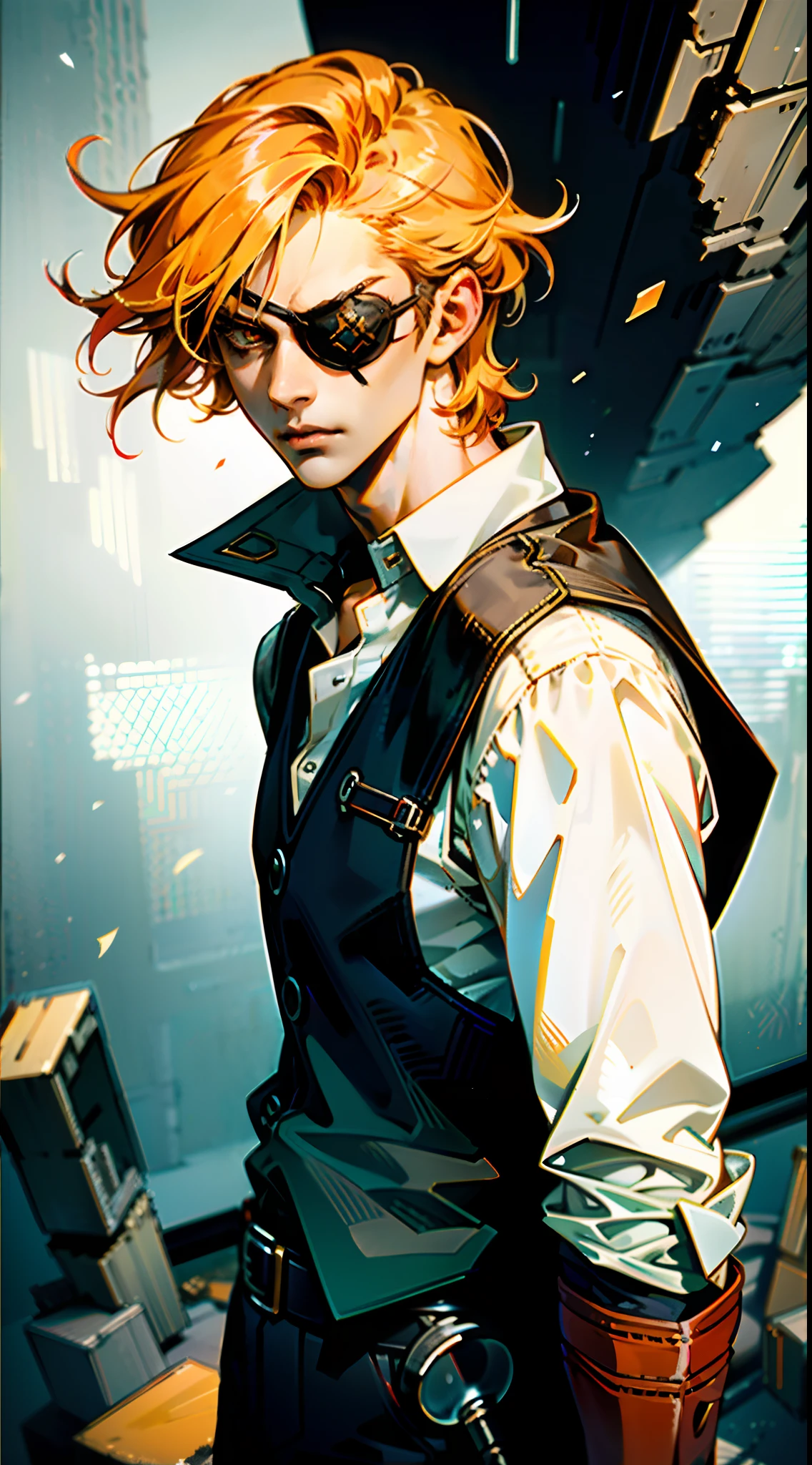 A young man with short golden hair, hair standing upright, right-eyepatch, a serious expression, a deep gaze, well-defined facial features, a two-piece sleeveless vest in a fantasy-modern style, color scheme primarily features shades of orange-red, with yellow and blue as secondary colors, wears gloves, loose-fitting utility pants, a long straight sword with a demon face decoration, the background depicts a cracked land, with rubble floating in the air, this character embodies a finely crafted fantasy-realism style one-eyed warrior in anime style, characterized by an exquisite and mature manga illustration art style, ghigh definition, best quality, highres, ultra-detailed, ultra-fine painting, extremely delicate, professional, anatomically correct, symmetrical face, extremely detailed eyes and face, high quality eyes, creativity, RAW photo, UHD, 8k, Natural light, cinematic lighting, masterpiece:1.5