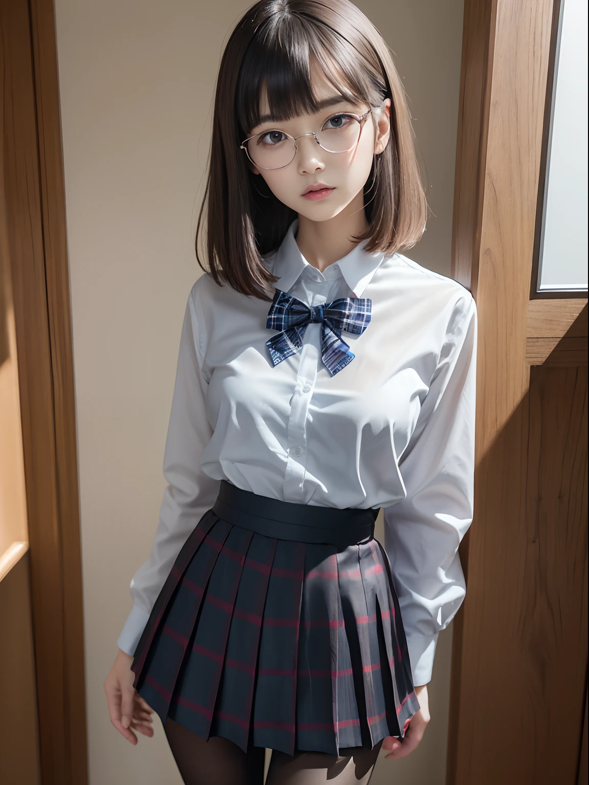 (Long bob cut)、(Underwear is visible)、((Narrow-eyed))、((Narrow-eyed))、((Narrow-eyed))、(8K、Raw photography、top-quality、masterpiece:1.2),((small tits))、((small tits))、((small tits))、((small tits))、((small tits))、((A-cup))、((A-cup))、((A-cup))、((A-cup))、((A-cup))、Has a small、(flat breast)、(flat breast)、(flat breast)、(flat breast)、(flat breast)、(being thin)、light skinned、skin whitening、Dark look、Rasping,glamor,Chromo-white skin,cocky,School,watching at viewers,Looking at the front,Muchimuchi,High-pitched clothing,Erotic,Pupils,de pele branca,kne,((Black pantyhose)),absurderes,a small face,,Forehead visible,Bangs hanging from the left and right sides of the forehead,(a cold expression,Tight eyes,glares,Bullish,irate)、masterpiece,top-quality、超A high resolution,Raw photo,ren,Beautiful fece,One Person, 独奏,eye glass,,Dark look,Small breasts,fullllbody,Round glasses,JK school uniform,hi-school girl,A Japanese Lady,is standing,(Photorealsitic:1.37)、Photon mapping,Realistic、Beautie,Cute little face,Brown-eyed、Black socks、(Red bow tie)、Radio City、Physically Based Rendering、depth of fields、Blurry background、a picture,Body,beauty legs, Long legs, Thin leg,(Bangs are visible), hair, s lips, Blue_The eye, nosesoft,(Light blue shirt), (Navy and blue and white plaid pleated skirt), Knees are visible,Sheer clothing,, Thigh, Black cotton socks,Nogizaka Idol, 女優, Japanese ido